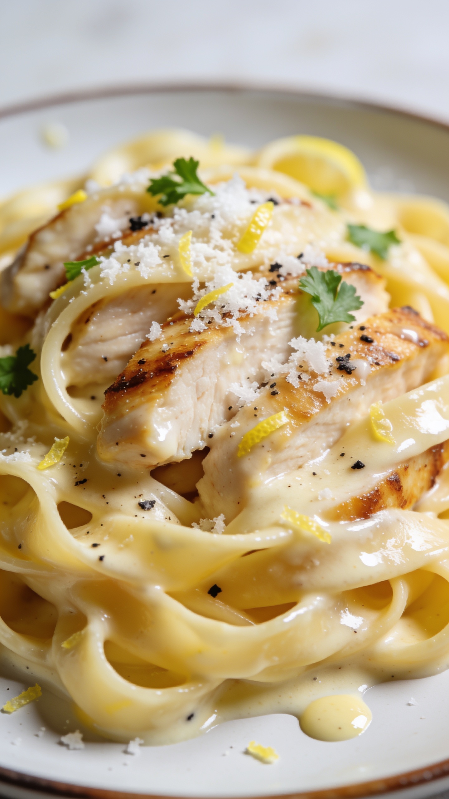 Extreme close-up from a low angle focusing on texture and gloss: fettuccine ribbons lacquered in creamy lemon-Parmesan sauce with visible sheen; golden seared edges on chicken slices peeking through the pasta; fine snow of Parmesan melting on contact; fresh-cracked black pepper and lemon zest flecks scattered on top; a few delicate parsley leaves for color pop; subtle sauce trails on the plate rim; bright natural top-side light, shallow depth of field that softens the rear pasta coils; same plating and styling as image 1 for continuity; 90â95% frame filled with food, no text.