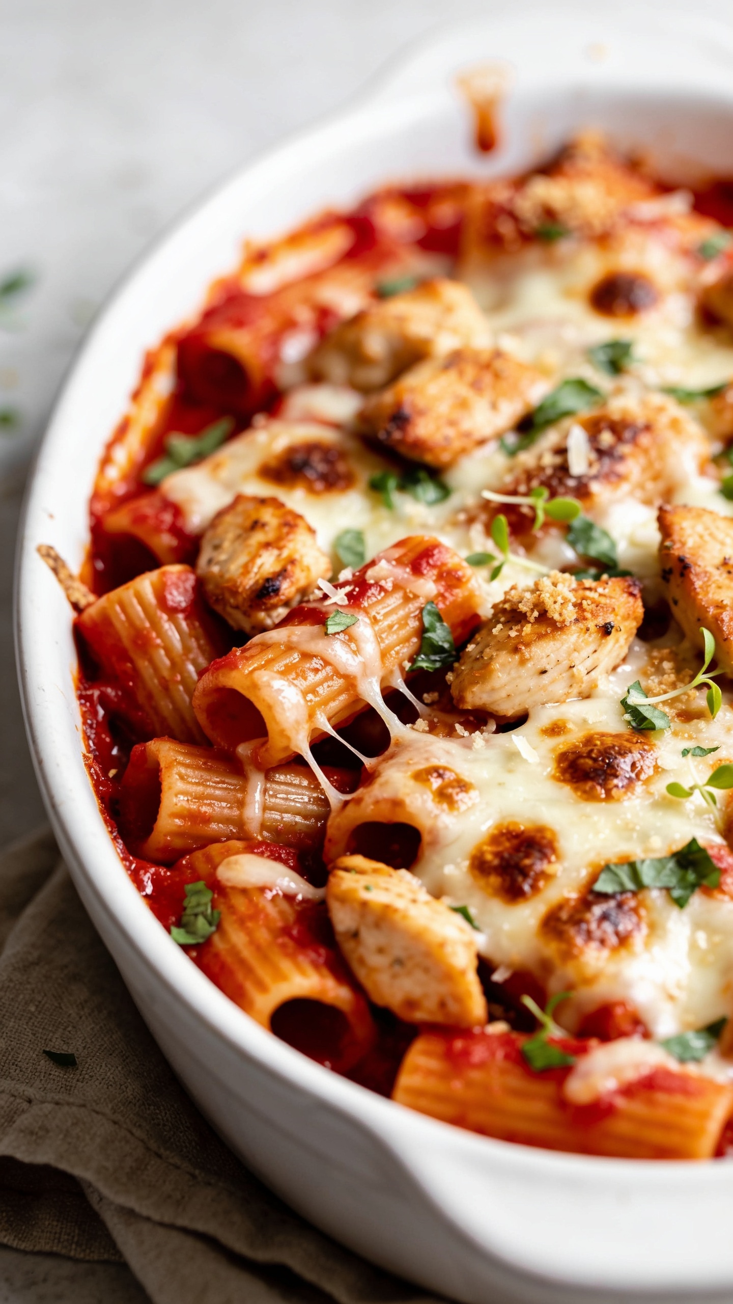 Ultra-close hero shot of Baked Chicken Mozzarella Pasta just out of the oven, filling 90â95% of the frame: a deep oval white baking dish packed with rigatoni coated in glossy tomato-basil marinara, chunks of golden roasted chicken breast, and a bubbling blanket of melted low-moisture mozzarella with caramelized, blistered brown spots and crispy cheese edges. Visible strands of stretchy cheese webbing between ridges of pasta, a light sprinkle of freshly chopped basil and a few micro-grated Parmesan flecks melting on contact. Saucy sheen pooling lightly in the corners, a few toasted breadcrumbs clinging to the top for texture. Bright natural side lighting, shallow depth of field, rustic linen beneath the dish slightly blurred, premium food-blog styling with vibrant reds, creamy whites, and herb-green pops.