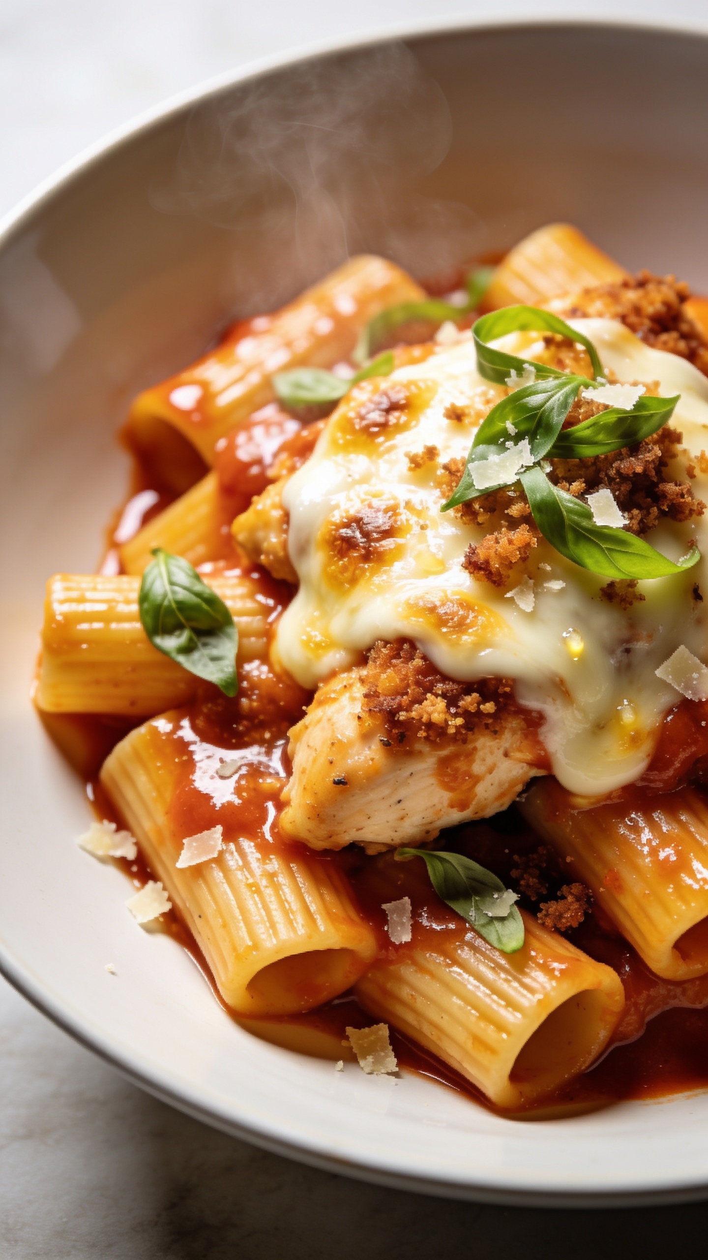 Tight overhead-angled close-up of a plated serving that matches the bake: a shallow white bowl heaped with rigatoni and chicken smothered in glossy marinara, crowned with melted, lightly blistered mozzarella and golden crispy cheese edges. Pools of sauce glisten between ridges; a few browned breadcrumb bits cling to the top. Fresh basil ribbons scattered, tiny Parmesan snow melting into the cheese. A faint wisp of steam, bright natural light from the left, ultra-shallow depth of field that keeps the front cluster of pasta razor-sharp while the back fades to soft bokeh, rich textures and vibrant color contrast consistent with the hero image.