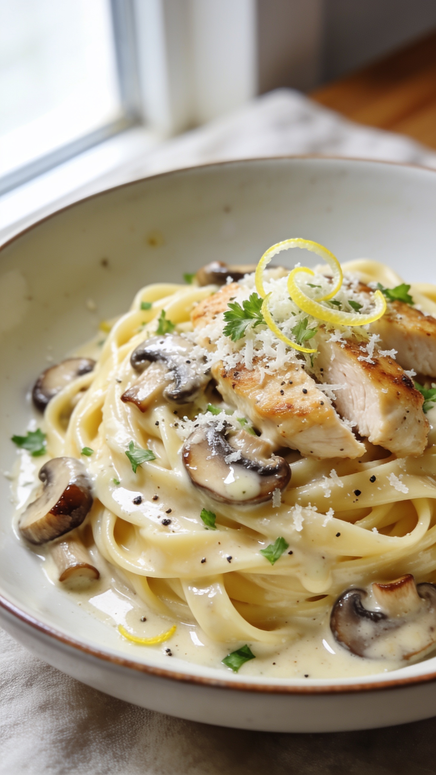 Hero image — Creamy Mushroom Chicken Pasta: ultra-close, 90–95% frame filled with glossy al dente fettuccine swirled into a loose nest, coated in a velvety garlic-cream sauce with sautéed cremini and shiitake mushrooms, golden seared chicken slices tucked throughout, shower of micro-grated Parmesan melting into the sauce, flecks of cracked black pepper and fresh chopped parsley, a few thin lemon zest curls for brightness; sauce visibly clinging to noodles with a satin sheen and tiny browned mushroom edges; plated in a wide, shallow off-white ceramic bowl with subtle rim; bright natural window light from the left, soft bounce on the right, shallow depth of field with background softly blurred (neutral linen and a faint hint of a wooden table), no text, no hands, premium food-blog styling.