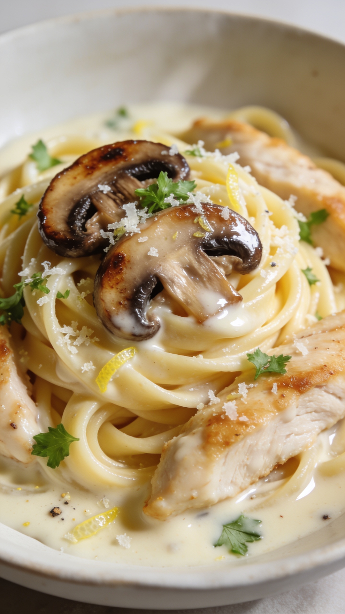 Texture close-up — sauce and mushrooms: macro-level angle on the plated pasta showing tightly coiled fettuccine drenched in silky garlic-cream sauce pooling lightly in the curves, glossy seared mushroom slices with browned edges and visible gills, tender chicken strips with a light golden crust and moist interior, micro-grated Parmesan melting into tiny creamy specks, fresh parsley sprinkled across, a whisper of lemon zest; subtle pepper flecks for contrast; same off-white shallow bowl, bright natural sidelight with gentle highlights on the sauce, ultra-shallow depth of field to emphasize luscious textures, cohesive with the hero image, 90–95% frame filled with food, no text, no hands.