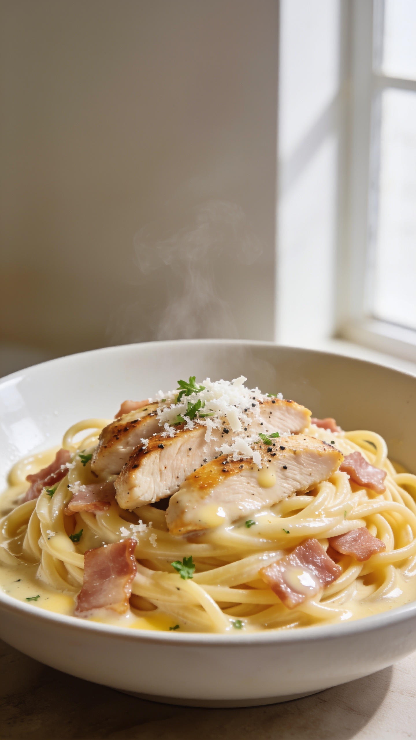 Ultra-close-up hero shot of Healthy Chicken Carbonara in a wide, shallow white bowl, filling 90–95% of the frame. Silky spaghetti twirled into loose nests, coated in a glossy, custardy egg-and-Parmesan sauce that clings to every strand. Tender seared chicken slices (juicy, lightly golden edges) nestled throughout, crisp bits of turkey bacon scattered, and a final snowfall of finely grated Parm with a sprinkle of cracked black pepper and flecks of fresh parsley. Bright natural window light from the side, shallow depth of field, creamy highlights on the sauce, subtle steam rising, warm neutral backdrop and minimal props for premium food-blog styling.