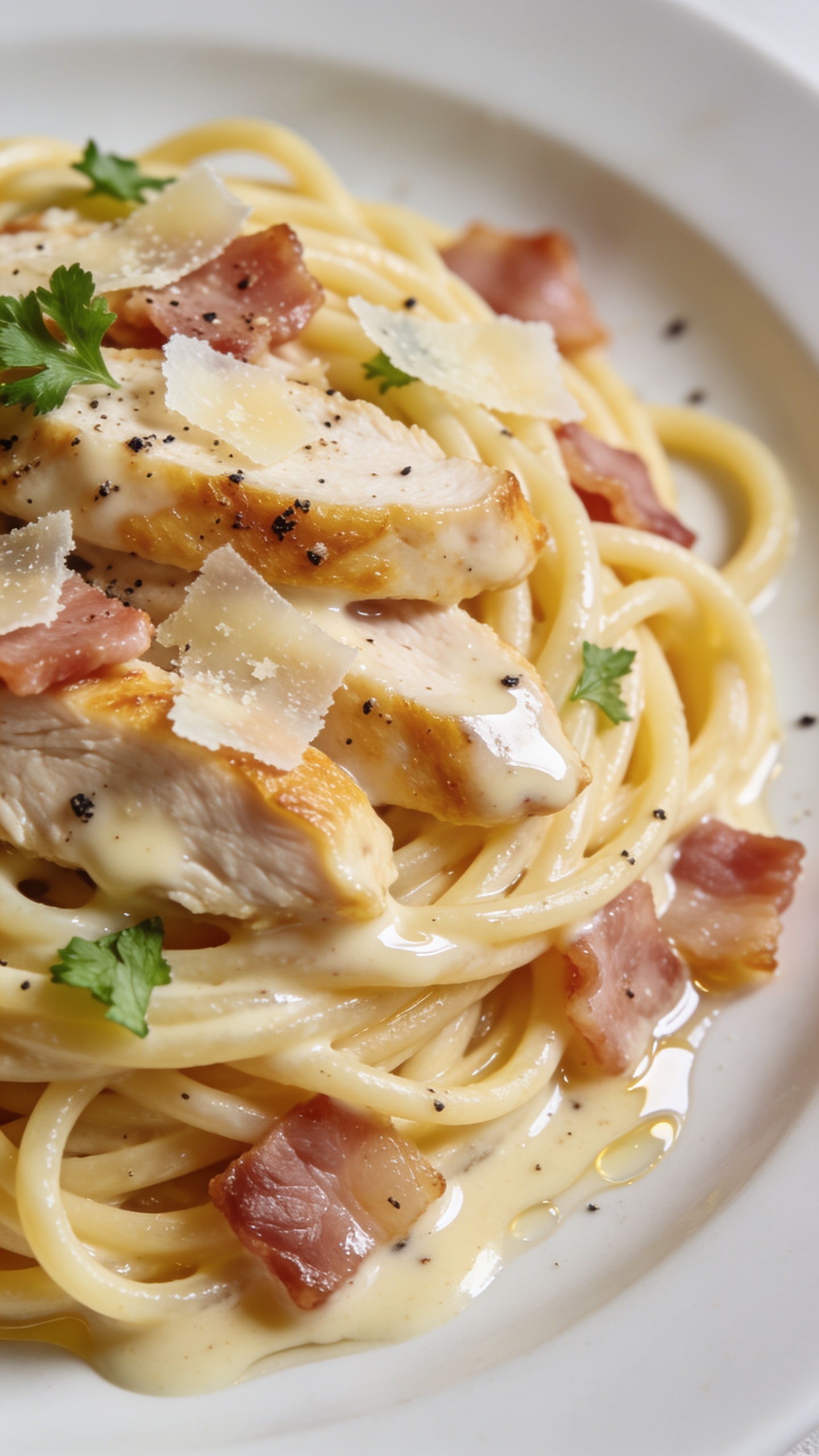 Intimate overhead-to-45° macro of the plated Healthy Chicken Carbonara, focusing on textures: spaghetti coated in a shiny, custardy sauce pooling lightly at curves, golden-edged chicken slices peeking through, crisp turkey bacon bits, fine Parm shavings melting on contact, and freshly cracked black pepper speckles. A light drizzle of reserved pasta water sheen visible on noodles, with a few delicate parsley leaves for freshness. Bright natural side light, shallow depth of field, neutral backdrop, food filling 90–95% of the frame, matching color, plating, and styling to the first two images.