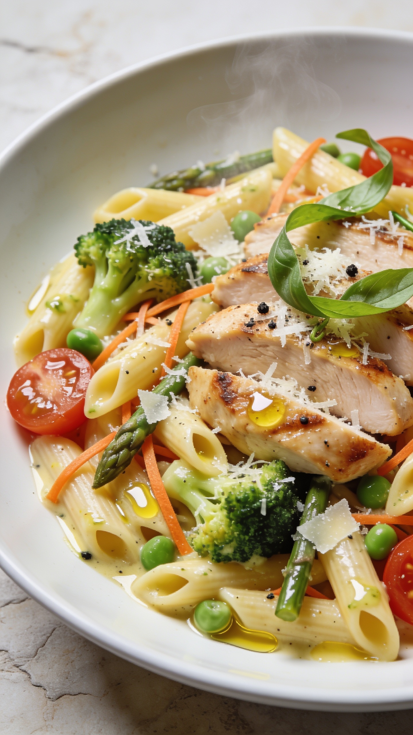 Ultra-close hero shot of Healthy Chicken Primavera Pasta: al dente penne tossed with juicy seared chicken breast slices, tender-crisp broccoli florets, thin ribbons of carrot, halved cherry tomatoes, sweet peas, and slivers of asparagus, all coated in a glossy, light lemon-garlic olive oil sauce with a whisper of parmesan. Finish with micro-grated parmesan and fresh basil ribbons scattered over top, a few twists of cracked black pepper, and a glisten of extra-virgin olive oil. Plated in a wide, shallow white bowl on a light stone surface with bright natural side lighting, shallow depth of field, vibrant spring colors, and visible steam gently rising. Food fills 90–95% of frame, premium food-blog styling, no text.