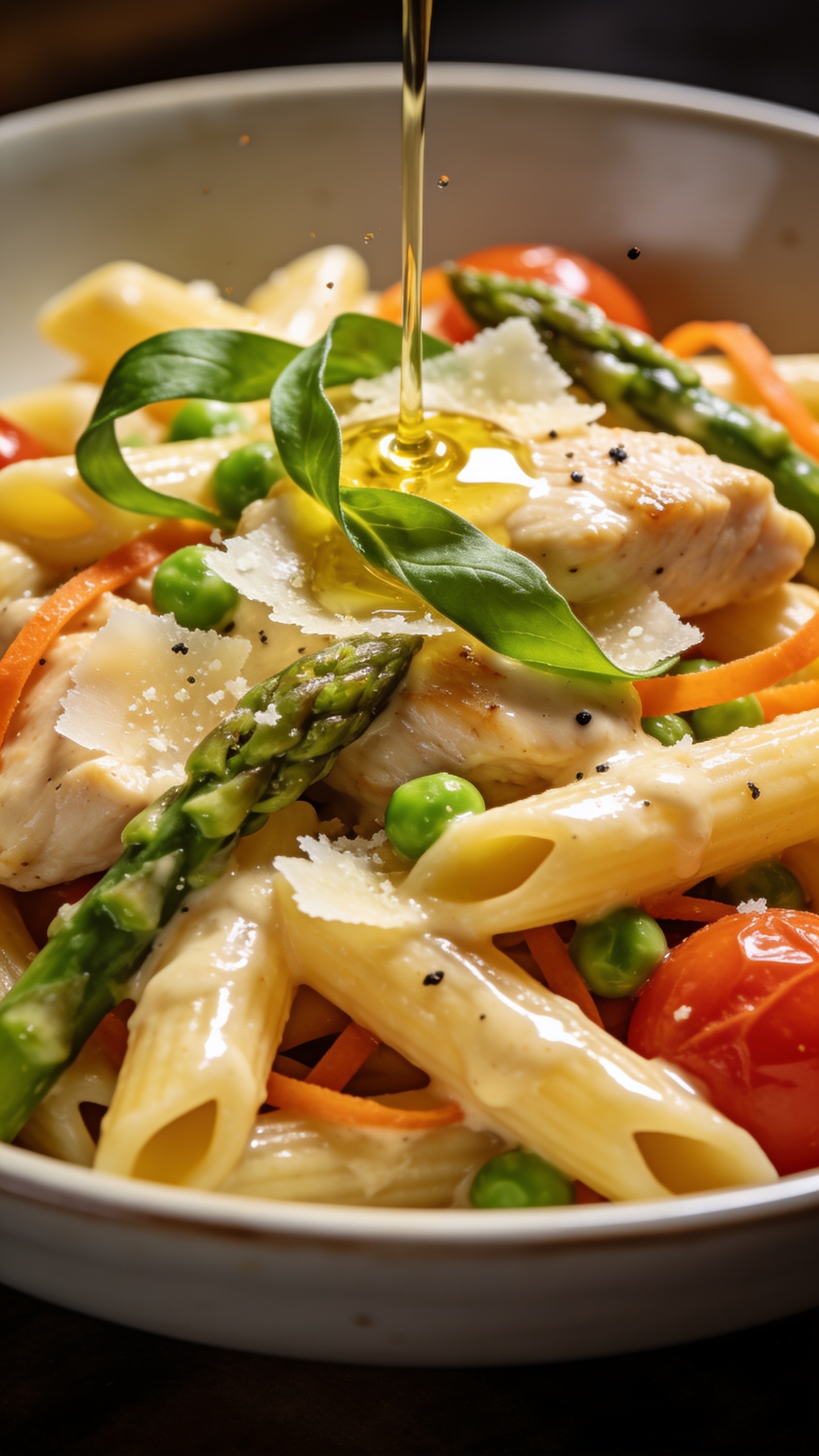 Extreme close-up from a low angle across the bowl showing the silky, lighter sauce gloss on penne and chicken, with crisp-tender asparagus tips, peas, carrot ribbons, and cherry tomatoes nestled throughout. Parmesan shavings melting into the warm pasta, fresh basil ribbons and a final drizzle of olive oil catching the light, tiny flecks of black pepper visible. Bright natural backlighting for sheen, shallow depth of field focusing on juicy textures and glossy surfaces, food fills 90–95% of frame, cohesive styling to match previous shots, no text.