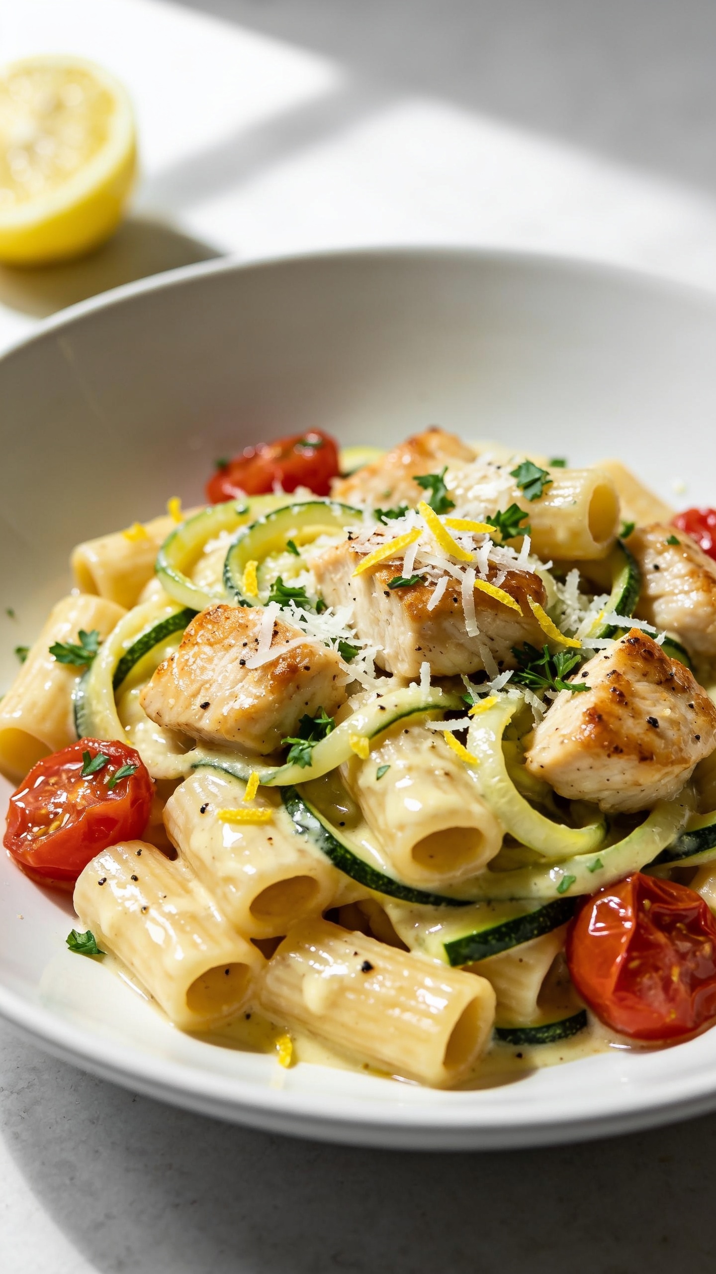 Ultra-close hero shot of Chicken Zucchini Pasta: al dente short pasta (mezzi rigatoni) tossed with juicy golden-browned chicken bites, thin ribbons of sautĂŠed zucchini, and a glossy garlic-lemon butter sauce, all lightly coated and gleaming. Finely grated Parmesan melts into the sauce with visible micro-shavings on top, scattered fresh parsley and lemon zest confetti, a few halved blistered cherry tomatoes for pops of red, and a light crack of black pepper. Plated in a wide, shallow white bowl thatâs 90â95% filled with food, bright natural window light from the left, soft shadows, shallow depth of field emphasizing creamy-glossy sauce, tender chicken, and vibrant greens. Clean, modern food-blog styling with a hint of a lemon wedge blurred in the backgroundâno text, no hands.