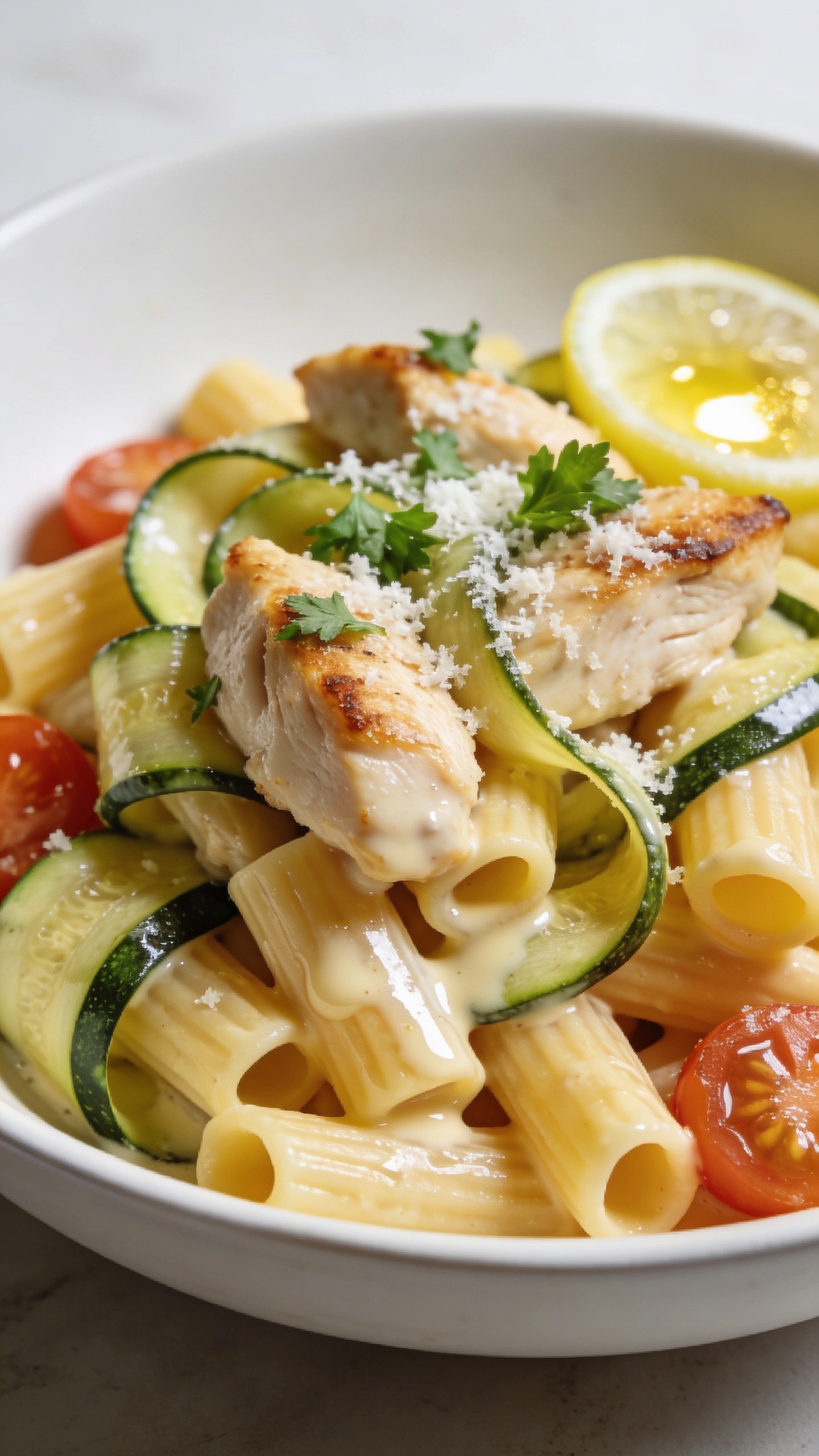 Hyper-detailed close-up from a low 3/4 angle of the same finished dish in the same white shallow bowl: pasta tubes nestled with chicken and zucchini ribbons, sauce pooling silkily in the pasta ridges, edges of chicken lightly crisped, zucchini tender with a slight sheen. A delicate final shower of finely grated Parmesan and fresh parsley already landed, with a glint of lemon butter catching the light. A few cherry tomato halves tucked in for color harmony. Bright natural side light, creamy highlights, shallow depth of field focusing on the front cluster of pasta and chicken, 90â95% of frame filled with food, premium food-blog styling, no text, no hands.