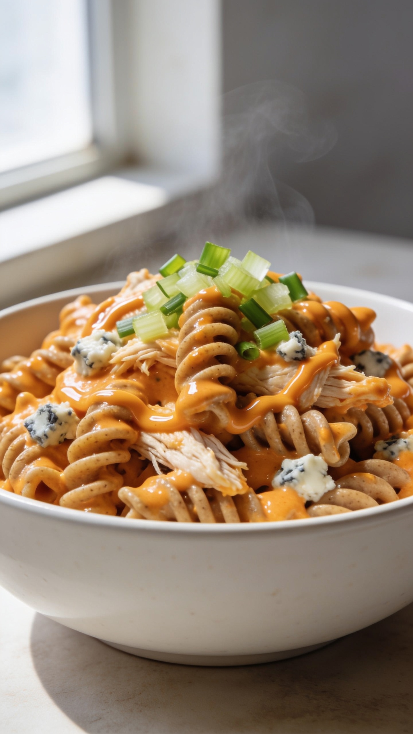 Extreme close-up hero shot of Healthy Buffalo Chicken Pasta in a shallow white bowl, filling 90â95% of the frame. Al dente whole-grain rotini coated in glossy orange buffalo-yogurt sauce, tender shredded chicken throughout, small crumbles of blue cheese lightly melted, thinly sliced green onions, and finely diced crisp celery sprinkled over top. A light drizzle of extra buffalo sauce swirled across the pasta for shine. Bright natural window light from the left, soft shadows, shallow depth of field with front coils of pasta tack-sharp and background softly blurred. Steam faintly rising, vibrant orange sauce contrasted with fresh green garnishes, clean neutral tabletop, premium food-blog styling.