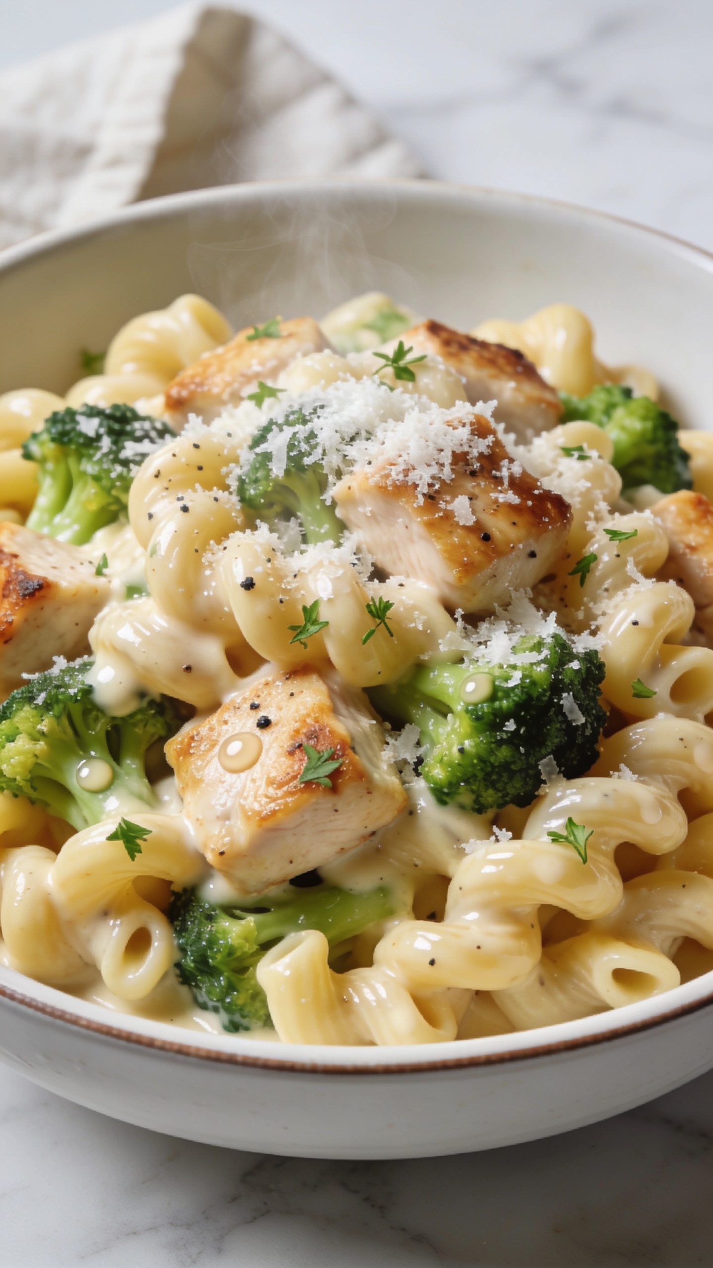 Ultra close-up hero shot of Creamy Broccoli Chicken Pasta: al dente cavatappi coated in a glossy, velvety Parmesan cream sauce, bite-size golden-seared chicken pieces with light caramelized edges, crisp-tender bright green broccoli florets nestled between the curls, a soft snowfall of freshly grated Parmesan and a few flecks of cracked black pepper, tiny beads of sauce clinging to ridges, micro-chopped parsley scattered sparingly for freshness. Plate the pasta mounded high in a shallow white ceramic bowl with a subtle rim; background is a softly blurred light linen and pale marble surface. Bright natural side lighting, shallow depth of field, food fills 90â95% of frame, premium food-blog styling, rich textures, steam subtly rising to suggest warmth, no text on image.