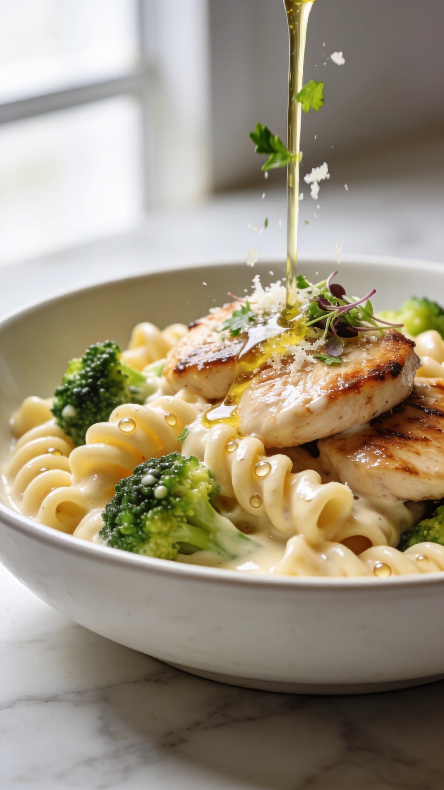 Extreme close-up from a low 45-degree angle focusing on textures: cavatappi spirals lacquered in a smooth cream sauce with visible sheen, seared chicken medallions with browned edges glistening, vibrant broccoli florets with crisp beaded buds, tiny droplets of sauce on the pasta ridges, a finishing drizzle of olive oil catching the light, and a final sprinkle of chopped parsley and micro-grated Parmesan melting into the heat. Plated in the same shallow white ceramic bowl on pale marble, softly blurred neutral background. Bright natural window light, shallow depth of field, food fills 90â95% of frame, cohesive with the hero image, no text.
