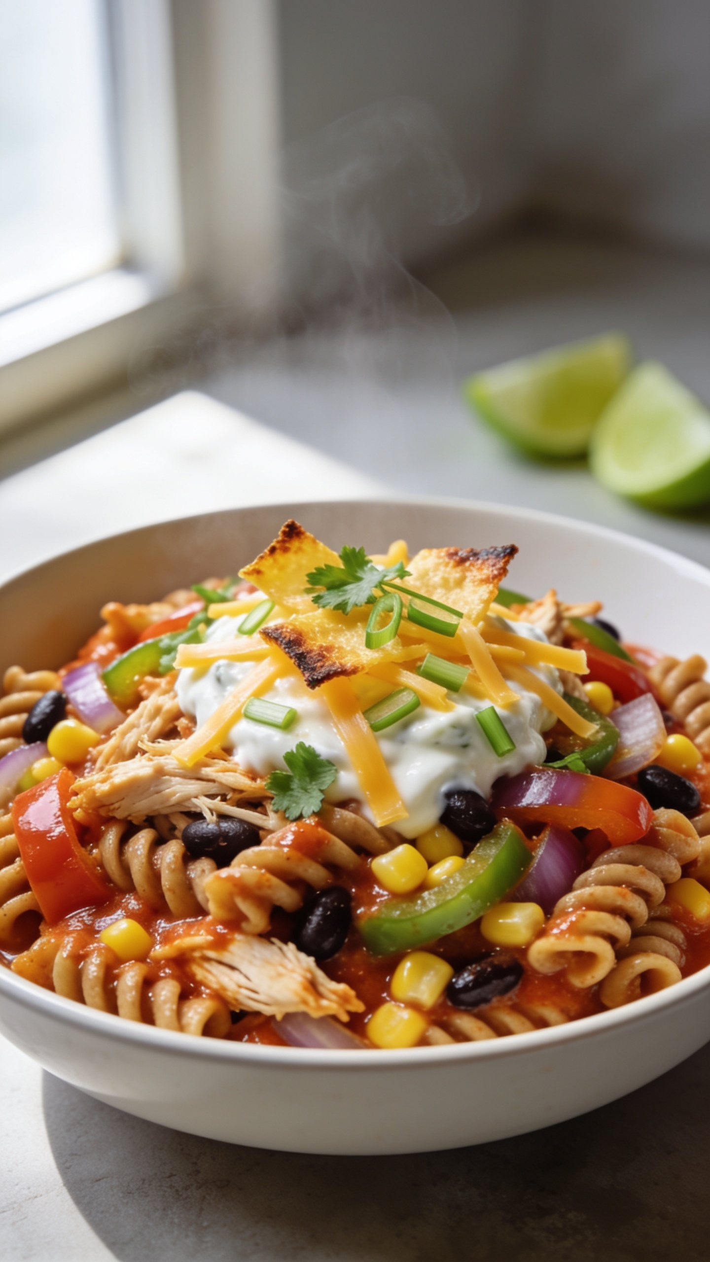Ultra-close hero shot of Healthy Chicken Enchilada Pasta in a shallow white bowl, food filling 90â95% of frame. Whole-wheat rotini coated in glossy brick-red enchilada sauce, tender shredded chicken, sautĂŠed tri-color bell peppers and onions, sweet corn kernels, black beans, and a light creamy sheen from Greek yogurt folded in. Lightly melted cheddar-jack strands scattered on top, a few broiled crispy cheese edges, and a sprinkle of fresh chopped cilantro and thinly sliced green onions. Optional lime wedges blurred in background. Bright natural window light from the left, shallow depth of field, soft shadows, rich saturated colors, steam faintly rising, premium food-blog styling on a neutral matte surface.