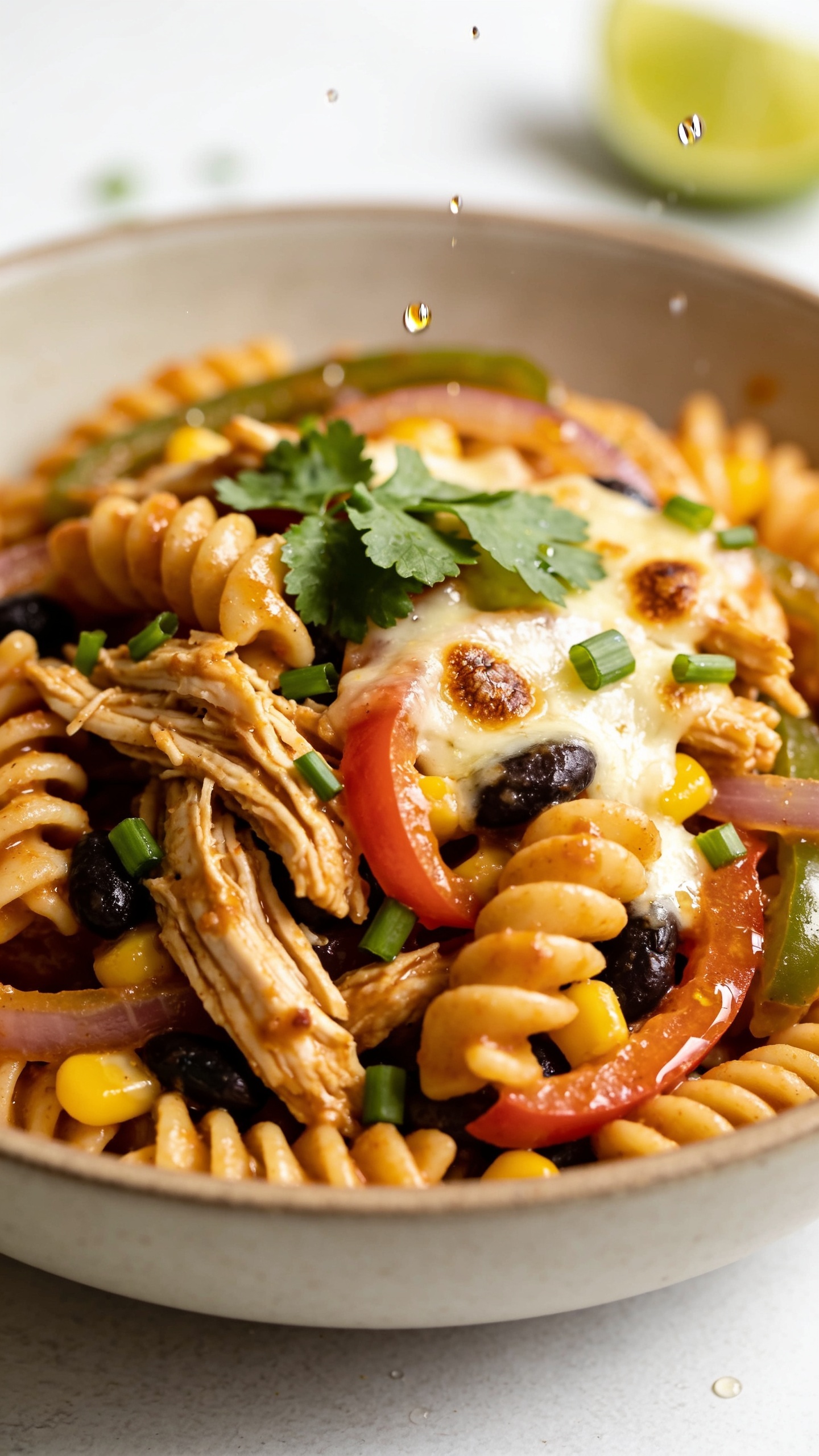 Extreme close-up from a 45-degree angle of the same finished pasta nestled in the bowl, emphasizing textures: sauce-lacquered rotini, juicy shredded chicken, black beans and sweet corn peeking through, ribbons of sautĂŠed peppers and onions, and lightly melted cheese with a few crispy browned bubbles. Fresh cilantro and green onion scattered, tiny droplets of sauce gleaming. A subtle squeeze-gloss on a blurred lime wedge edge in the background. Bright natural lighting, shallow depth of field, minimal props, food filling 90â95% of frame, cohesive with the hero image.