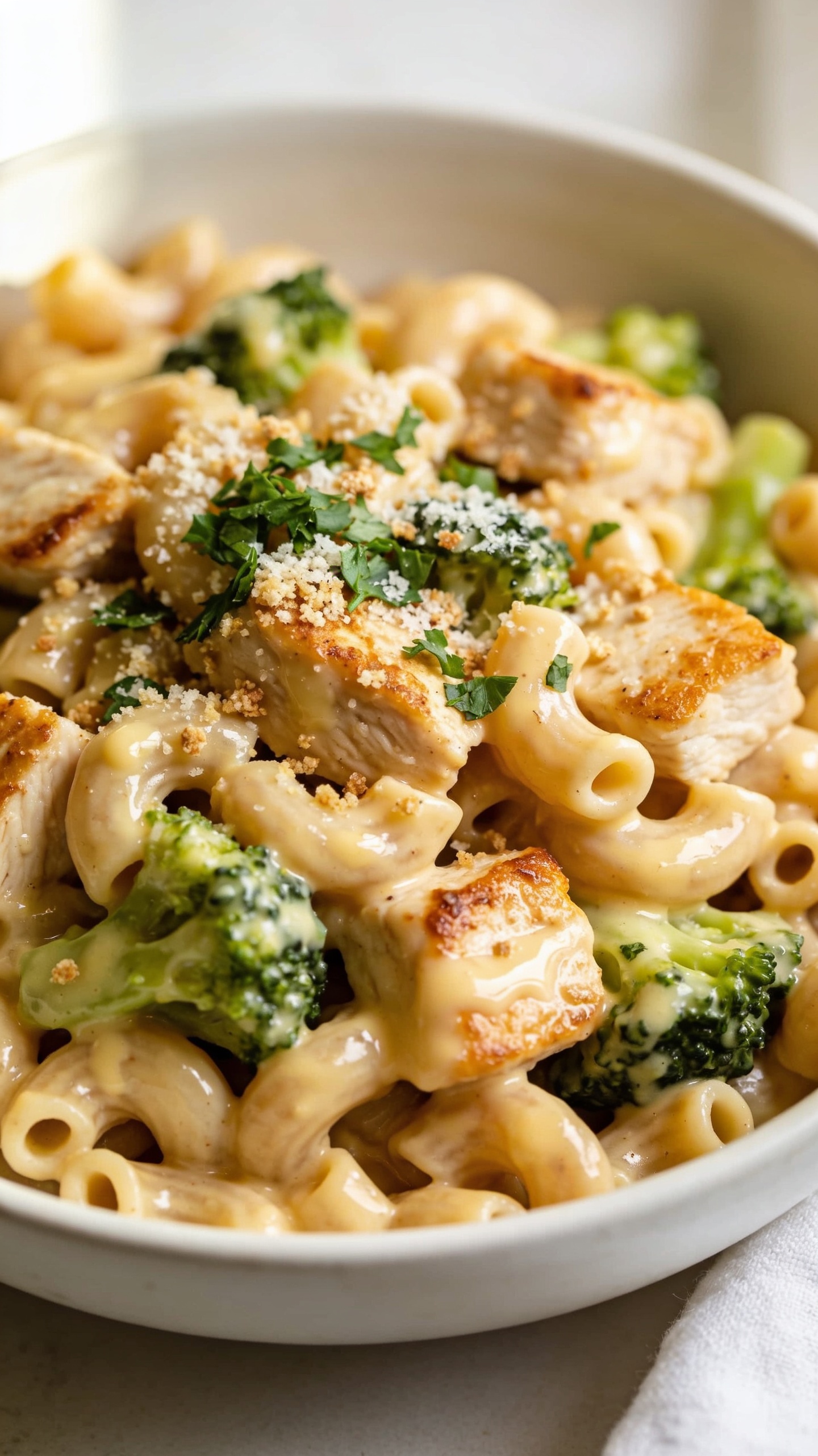 Ultra-close, hero shot of Healthy Chicken Mac and Cheese in a shallow white ceramic bowl, filling 90â95% of the frame. Al dente whole-wheat elbow macaroni coated in a glossy, silky lightened cheddar-Parmesan sauce, with bite-sized, juicy seared chicken breast pieces (golden edges) nestled throughout. Finely chopped steamed broccoli florets folded in for a subtle veggie boost, not watery. Light sprinkle of fresh chopped parsley and a dusting of grated Parmesan on top, a few toasted whole-wheat panko crumbs scattered for delicate crunch. Sauce clings to every curve; no grease pools. Bright natural window light from the left, soft reflector fill on the right, shallow depth of field with creamy bokeh, warm neutral background, clean white linen barely peeking at the edge.