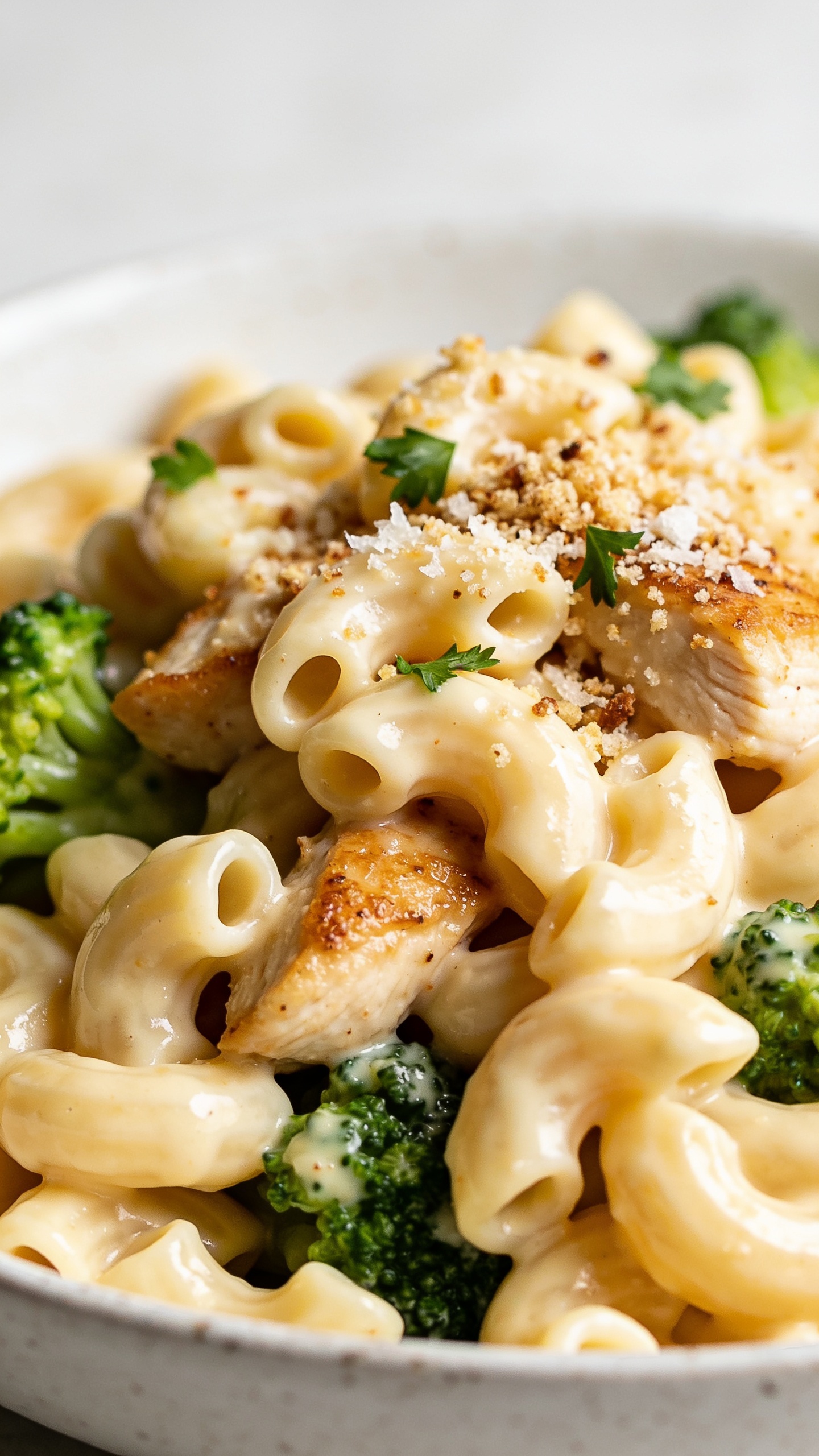 Extreme close-up from a low 45-degree angle into the bowlâs surface, emphasizing lush textures: elbow macaroni heavily coated in creamy cheese sauce with a gentle sheen, golden-seared chicken bites tucked between noodles, small broccoli florets adding fresh green pops. Delicate sprinkle of toasted whole-wheat panko and finely grated Parmesan visible on top, a few parsley leaves scattered. Sauce appears smooth and velvety with subtle ripples; no oil separation. Bright natural side light, shallow depth of field focusing on the front cluster of noodles and chicken, soft neutral backdrop, food dominating 90â95% of the frame to match the hero look.