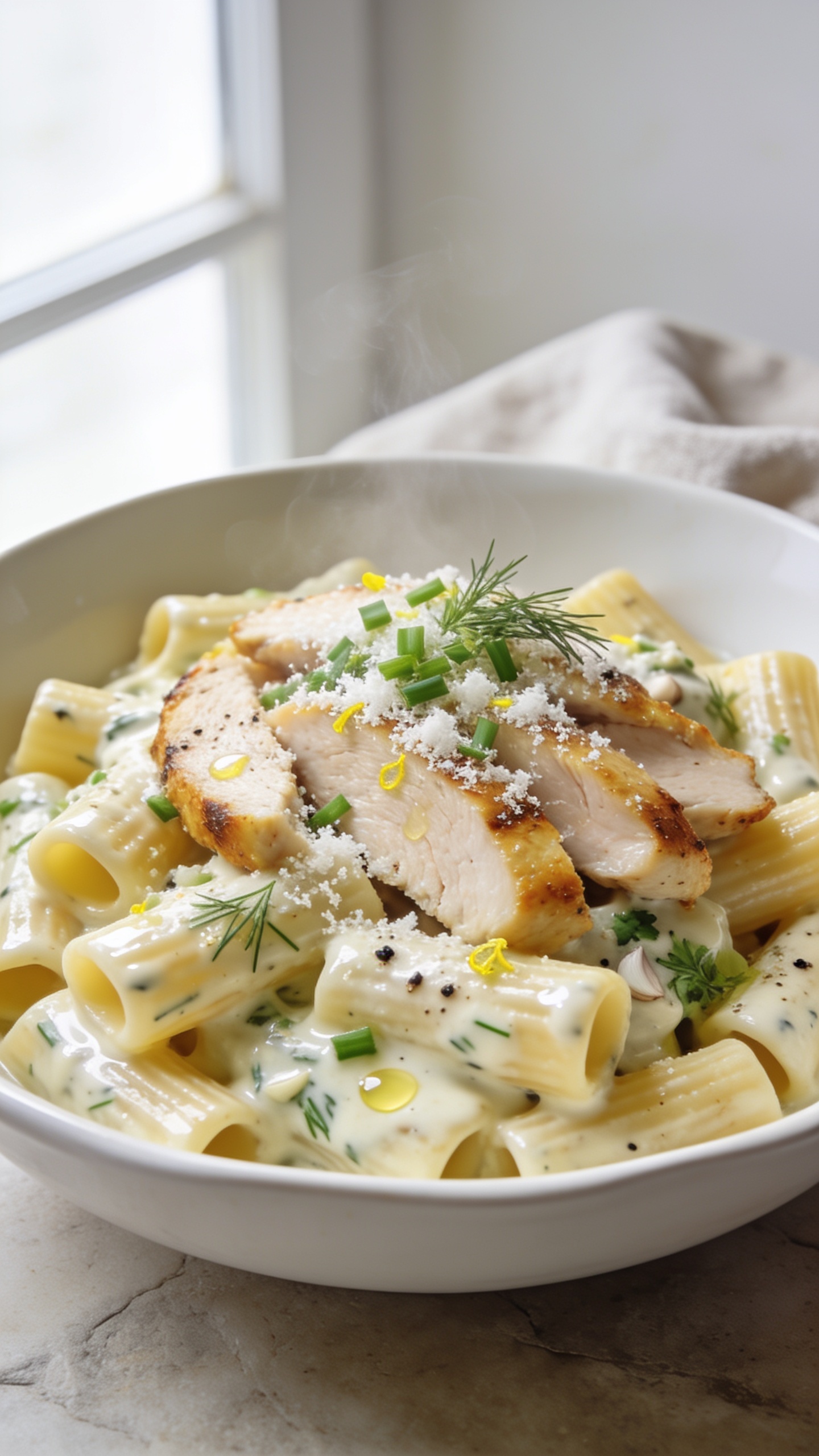 Ultra close-up hero shot of Healthy Creamy Ranch Chicken Pasta: al dente short pasta (rigatoni or penne) coated in a silky, glossy ranch-Greek-yogurt sauce with visible flecks of dill, chives, parsley, garlic, and cracked black pepper; generously studded with juicy seared chicken breast slices (golden edges, moist interior) and a light snowfall of finely grated Parmesan. Finish with a sprinkle of fresh chopped chives and dill, a few micro zest-like lemon specks for brightness, and a faint sheen of olive oil. Bright natural window light from the left, white ceramic shallow bowl on a neutral light stone surface, minimal props (only a soft linen napkin in the background). Shallow depth of field, food fills 90–95% of frame, creamy sauce glistening between pasta ridges, steam just barely visible, premium food-blog styling, consistent look for all images.