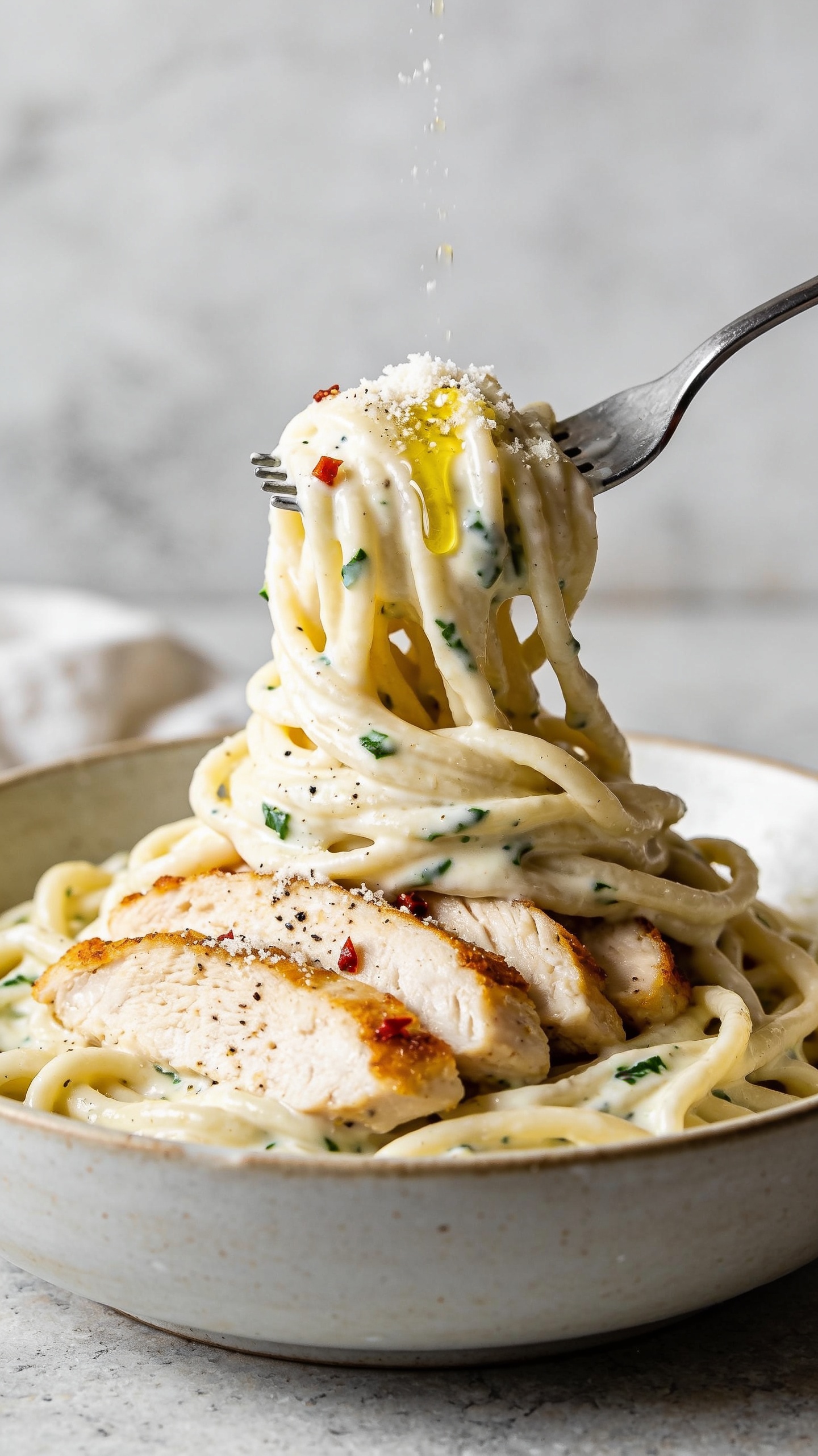 3. Extreme close-up from a lower angle focusing on texture: fork-twirled mound of the same creamy ranch pasta resting in the bowl, sauce pooled silkily in ridges, visible green herb specks, black pepper, and a few red pepper flakes for contrast; thick, juicy chicken slices tucked between noodles with crisp golden edges. A light micro-grate of Parmesan dusts the top, and a drizzle of extra-virgin olive oil catches the light. Bright natural lighting, shallow depth of field, neutral stone background with subtle linen blur. Food fills 90–95% of frame, rich, fresh, and cohesive with images 1 and