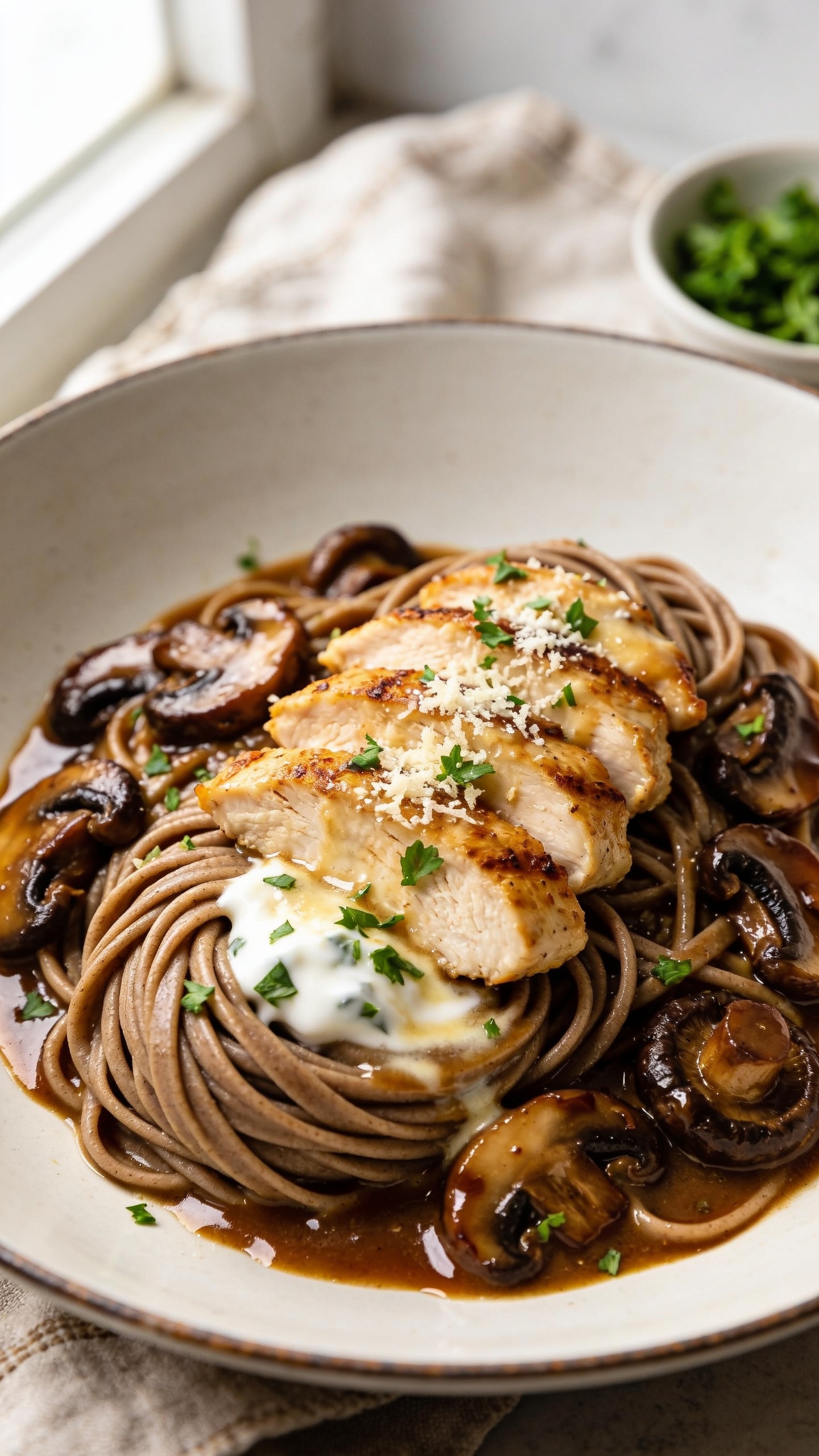 Ultra-close hero shot of Healthy Chicken Marsala Pasta: al dente whole-grain fettuccine twirled into glossy nests, topped with golden seared chicken breast slices and abundant caramelized cremini and shiitake mushrooms in a silky Marsala wine sauce; light, velvety sheen from a splash of cream/Greek yogurt, finely grated Parmesan melting into the sauce, fresh chopped parsley scattered on top. Served in a wide, shallow off-white ceramic bowl with minimal rim, sauce pooling slightly at the base. Bright natural window light from the left, soft reflector fill on the right, shallow depth of field focusing on the front twirl and chicken, blurred rustic linen and a small bowl of parsley in the background. Colors warm and inviting, rich browns and glossy mahogany sauce contrasting with vibrant green herbs. Food fills 90â95% of frame.