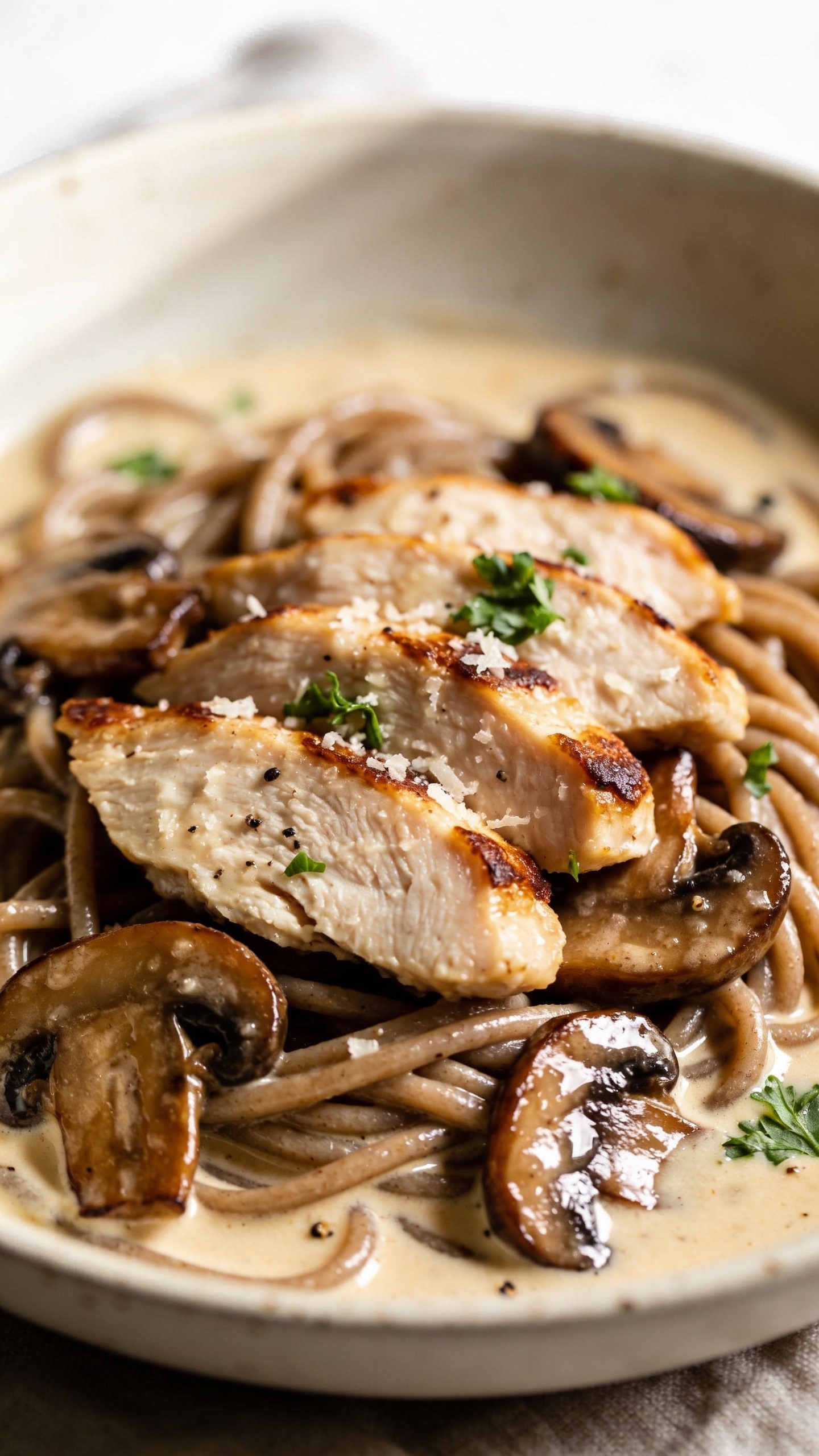 Extreme close-up from a low 3/4 angle of the same plated dish emphasizing textures: tightly framed swirl of whole-grain pasta enveloped in a reduced, syrupy Marsala-broth sauce with a gentle creamy gloss; overlapping slices of juicy chicken breast with browned edges; deeply browned mushrooms glistening; tiny parsley leaves and freshly grated Parmesan catching the light. A few coarse black pepper specks visible on the sauce surface. Bright natural top-left light, soft shadows enhancing contours, very shallow depth of field keeping the front pasta and chicken razor-sharp while the back of the bowl falls into a creamy blur. Neutral ceramic bowl and muted linen barely peek in at the edges. Food fills 90â95% of frame, rich, fresh, and irresistible.
