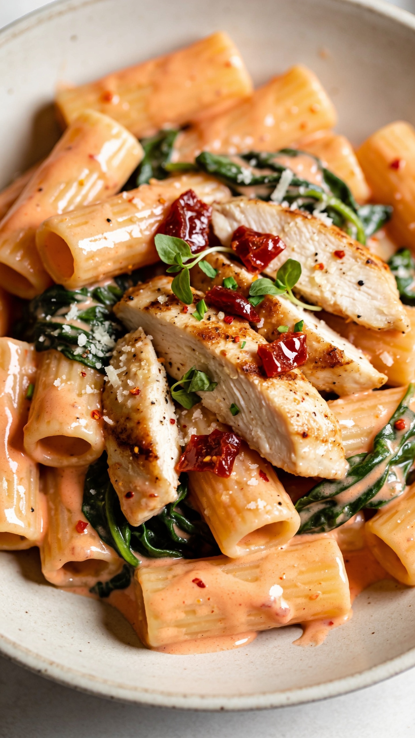 Ultra-close-up hero shot of Healthy Marry Me Chicken Pasta: al dente short pasta (rigatoni) swirled in a silky, glossy sun-dried tomato and garlic Greek yogurt sauce with low-sodium chicken broth sheen; tender seared chicken breast slices nestled throughout; ribbons of just-wilted spinach adding vibrant green; finely grated Parmesan melting into the sauce; tiny flecks of crushed red pepper and cracked black pepper; a few chopped sun-dried tomato pieces glistening on top; micro-chopped fresh basil sprinkled lightly. Bright natural side lighting, shallow depth of field focusing on the saucy pasta and juicy chicken, creamy rosy-orange sauce pooling in ridges of rigatoni, no text, no hands, 90â95% of frame filled with food, premium food-blog styling on a neutral ceramic plate.
