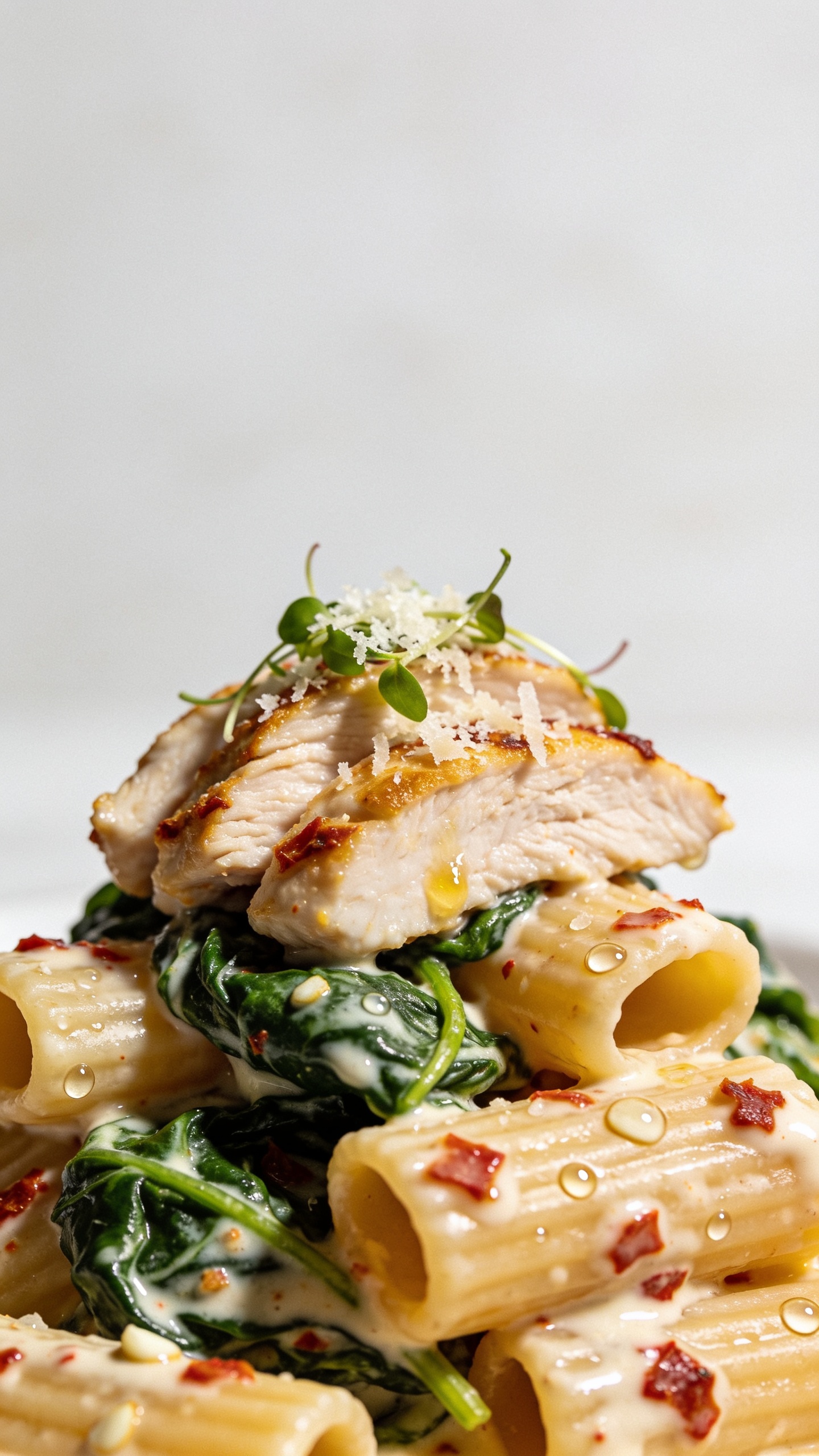 Tight macro from a lower angle focusing on textures: rigatoni ridges lacquered in the creamy sun-dried tomato Greek yogurt sauce with tiny tomato bits and garlic specks; juicy, thin-sliced chicken breast edges slightly golden; spinach folded through with a fresh, vibrant green pop; micro-grated Parmesan lightly dusting the top and beginning to melt; a few glossy droplets of sauce beading on the pasta surface. Bright natural backlighting to highlight gloss, shallow depth of field isolating a small mound of pasta and chicken, 90â95% food in frame, neutral backdrop, cohesive with the other images, premium food-blog styling.