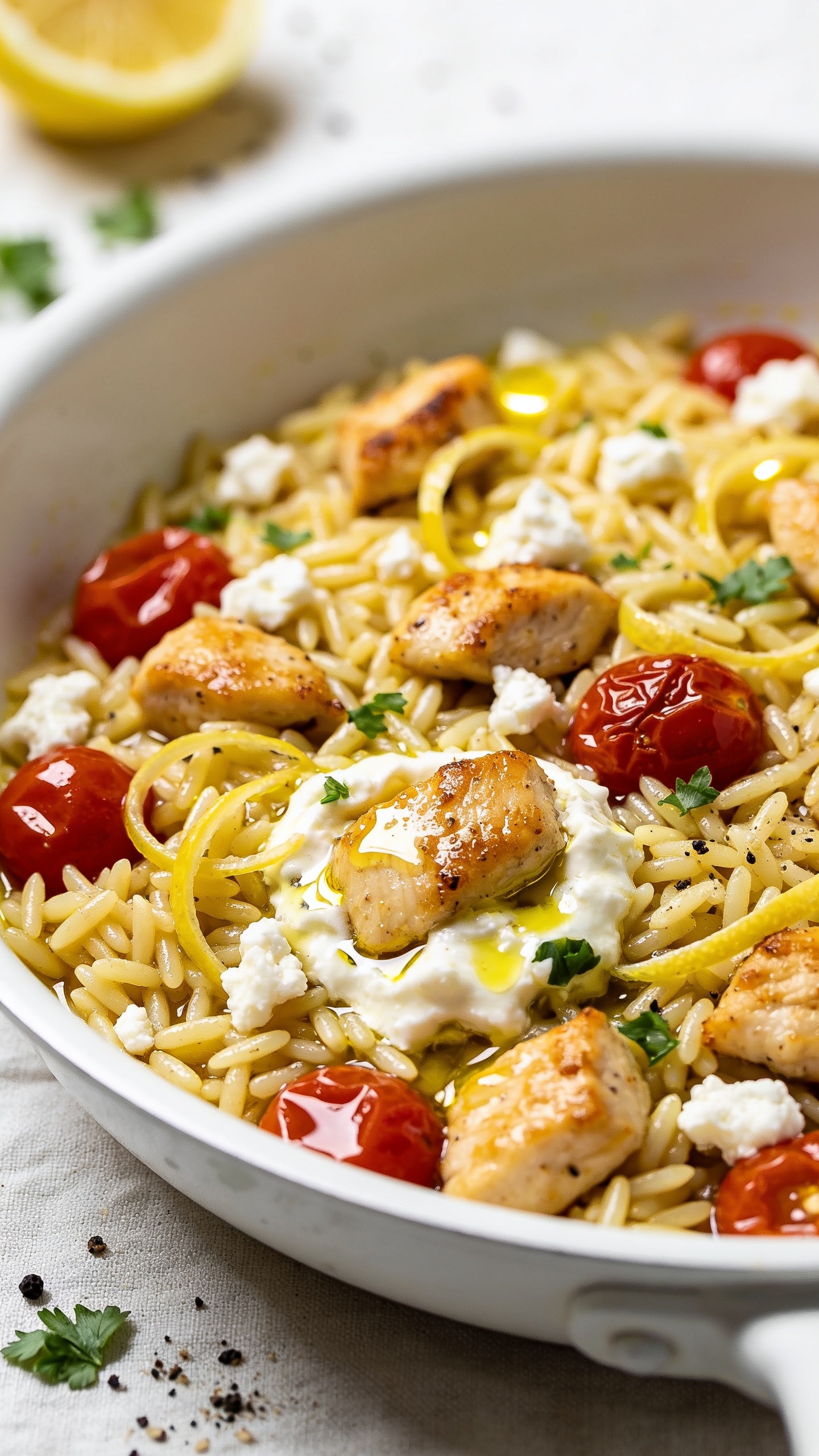 Extreme close-up hero shot of Chicken Feta Orzo in a shallow matte-white skillet, filling 90â95% of the frame. Tender orzo coated in a glossy, lemony olive-oil sheen; juicy golden-seared chicken bites nestled throughout; crumbled feta in soft, creamy pockets partially melting into the orzo; burst cherry tomatoes with wrinkled skins releasing juices; thin lemon zest ribbons and a squeeze of lemon gloss catching the light; scattered fresh parsley and cracked black pepper. Bright natural side lighting, shallow depth of field with soft bokeh, premium food-blog styling on a light linen background. No text, no hands.