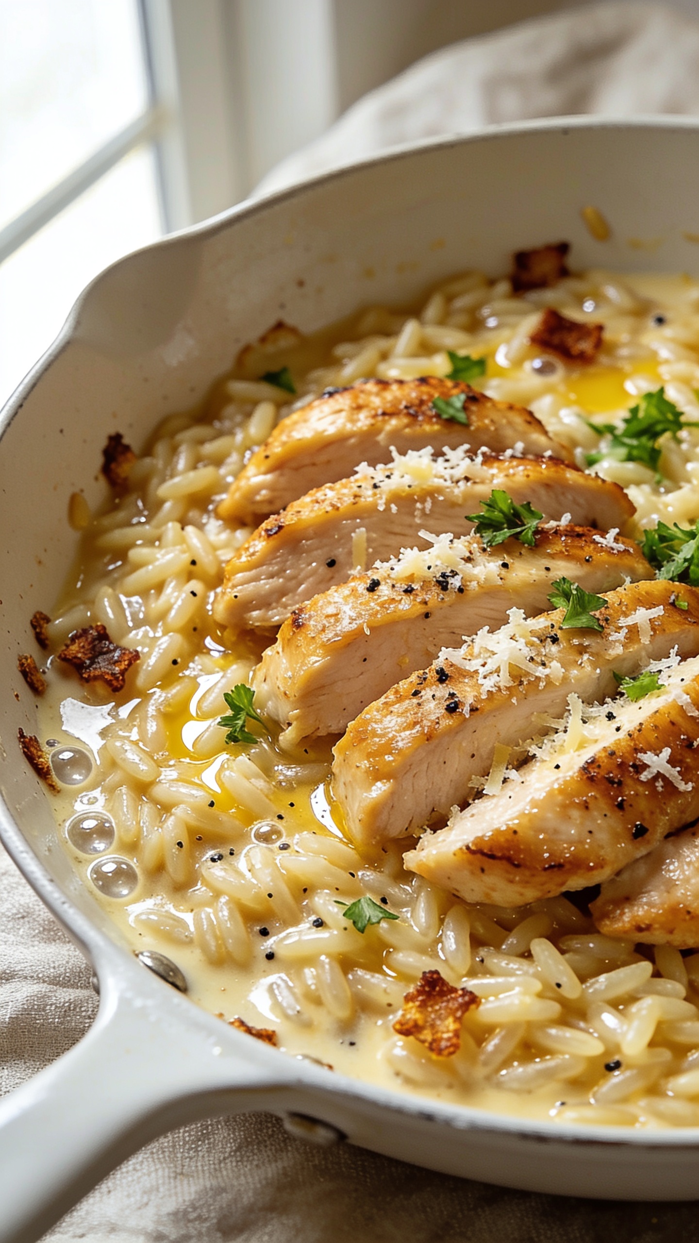 Ultra-close hero shot of creamy Parmesan Chicken Orzo in a shallow white skillet: tender golden seared chicken slices nestled over glossy, saucy orzo coated in melted Parmesan, with visible micro-gratings of cheese, a buttery sheen, cracked black pepper, and a flutter of fresh chopped parsley. Orzo grains plump and silky like risotto, a few browned crispy bits clinging to the pan edges, tiny bubbles of cream gloss catching the light. Bright natural window light from the left, shallow depth of field, background softly blurred neutral linen. Food fills 90â95% of frame, rich textures and vibrant creamy-gold tones.