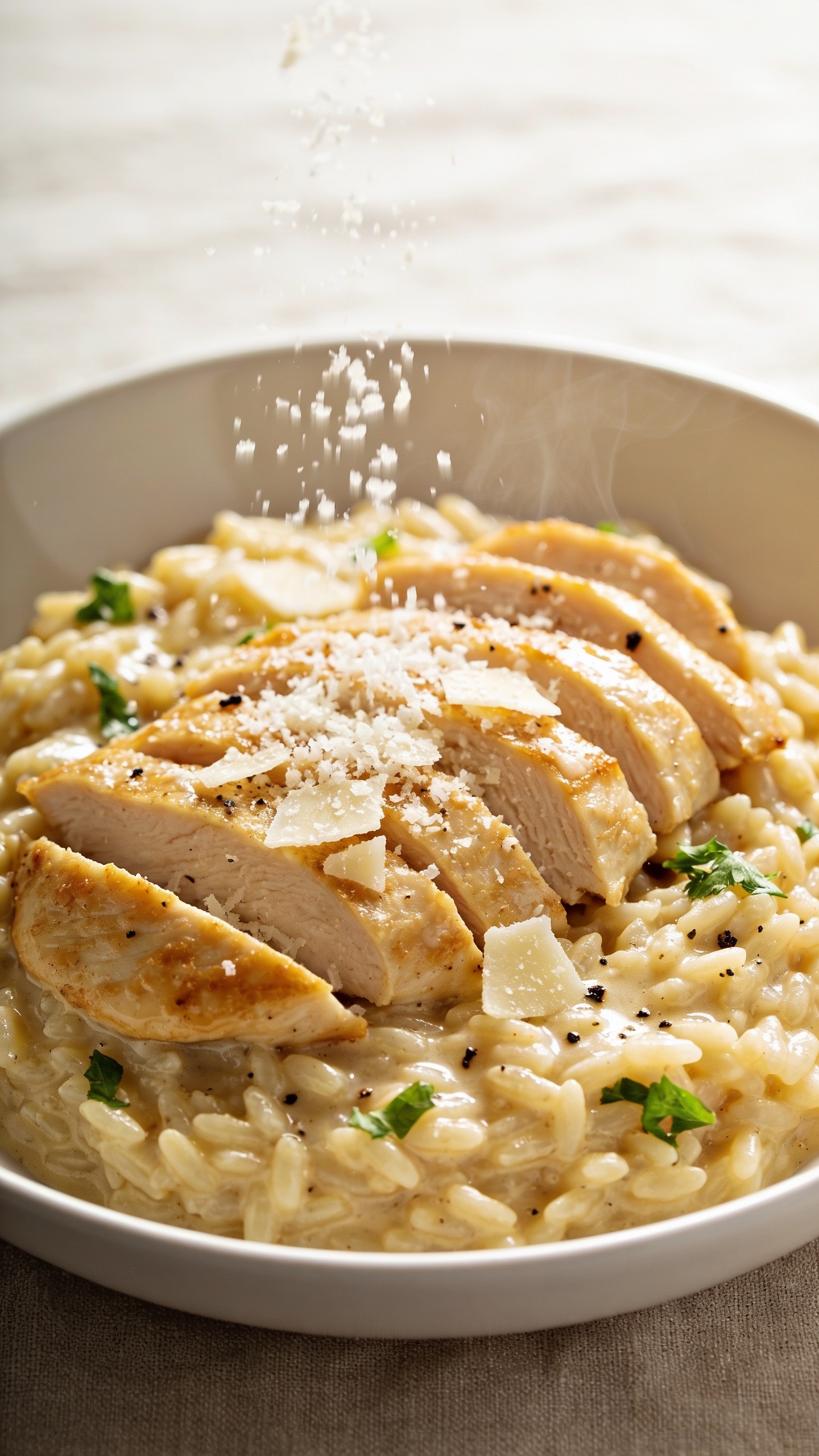Tight macro angle from slightly overhead: the same finished Parmesan Chicken Orzo plated in a shallow white bowl, creamy orzo pooling luxuriously with a satin gloss, golden chicken slices fanned on top, freshly grated Parmesan snow-dusting down mid-air onto the dish, a few larger shards visible on the surface. Black pepper speckles, vibrant parsley, and subtle steam for warmth. Bright natural lighting, shallow depth of field, background a soft neutral linen; food dominates 90â95% of frame with rich, irresistible textures.