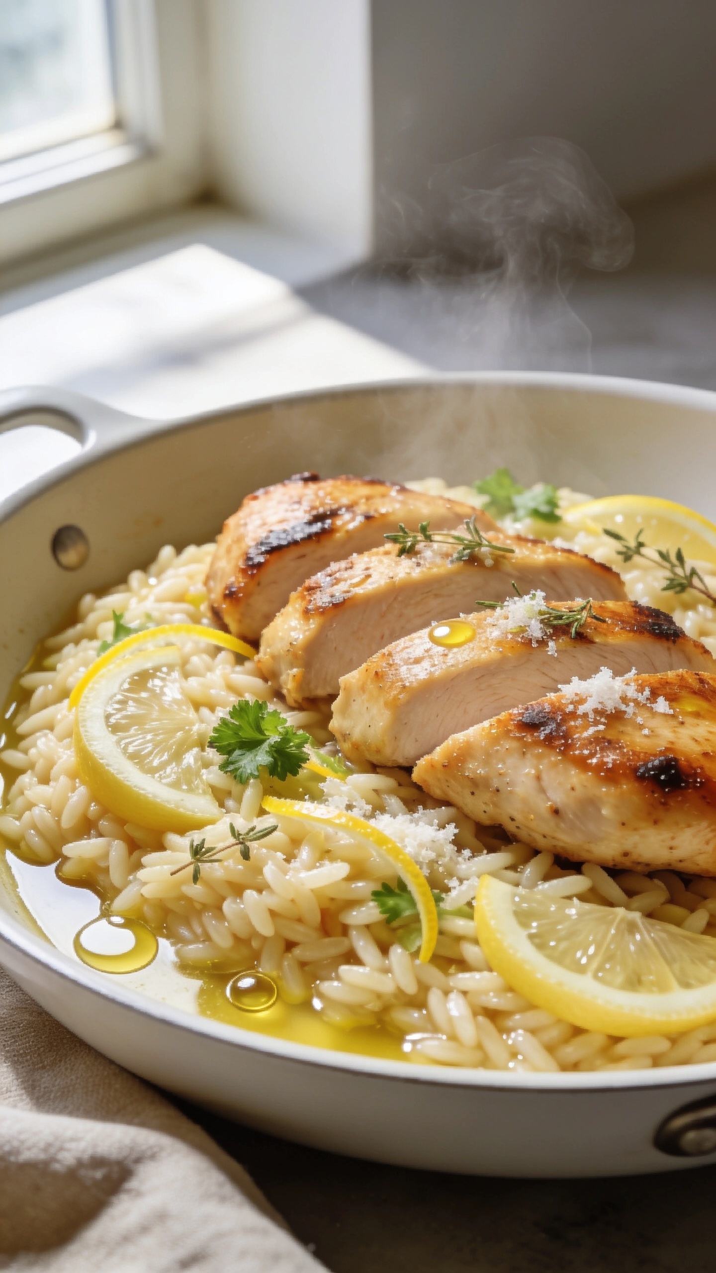 Ultra-close hero shot of Lemon Garlic Chicken Orzo in a shallow, wide white skillet, filling 90â95% of the frame. Golden pan-seared chicken thighs sliced into thick pieces layered over glossy, silky orzo coated in garlicky olive oil and butter, with visible lemon zest, thin half-moons of fresh lemon tucked into the orzo, and a light sprinkle of finely grated Parmesan melting on contact. Tiny beads of chicken jus glisten on the orzo, bright green parsley and a few thyme leaves scattered over top. Bright natural window light from the left, soft shadows to the right, shallow depth of field isolating the front third of the dish. Steam subtly rising, textures sharp: toasted orzo grains, caramelized chicken edges, glossy sauce pooling around the orzo. Neutral linen at the edge of the frame, no text, no hands.