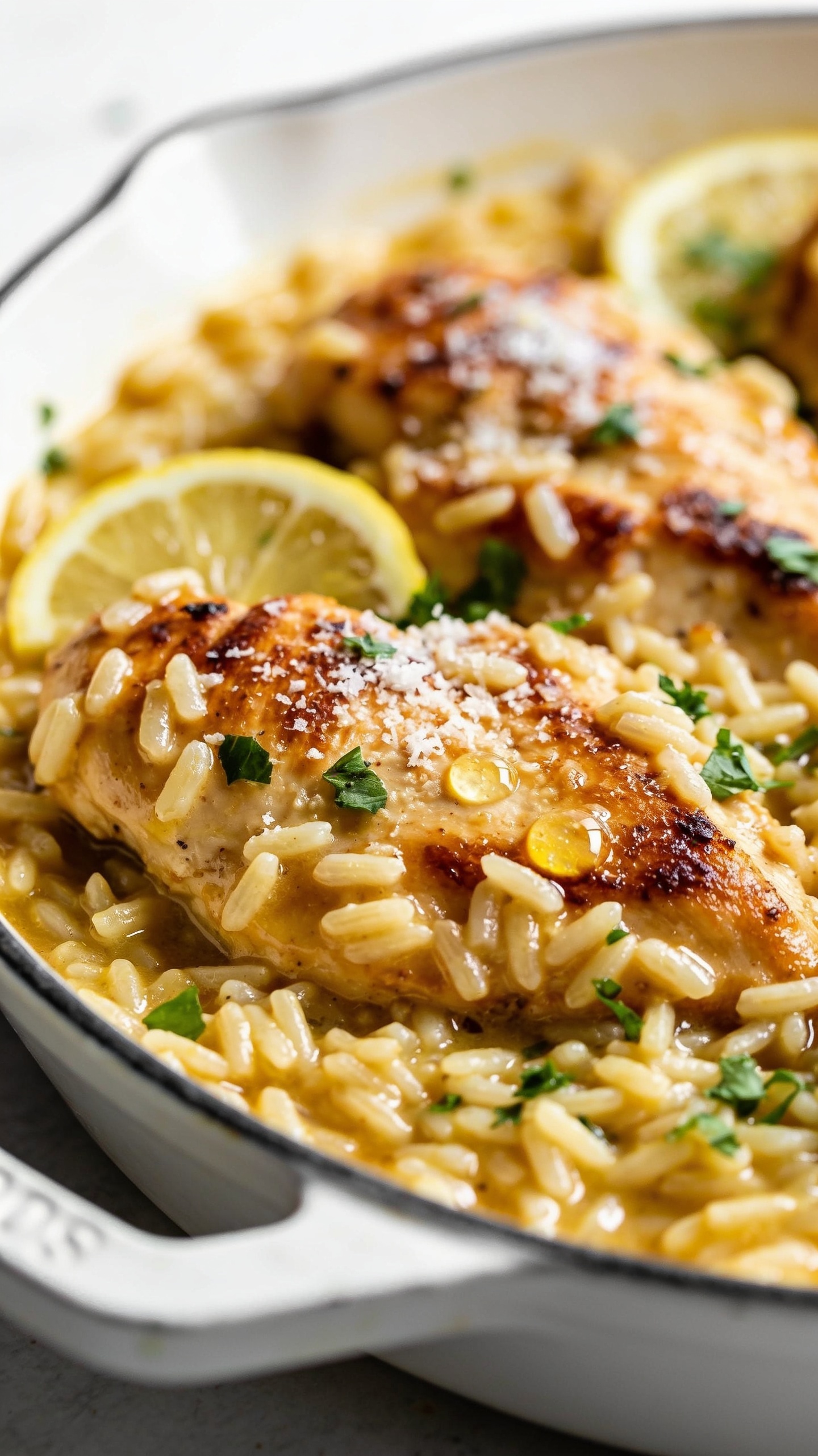 Macro side-angle close-up of the same finished Lemon Garlic Chicken Orzo plated in the same white skillet: focus on the front edge where toasted orzo grains glisten in a silky lemon-butter sauce, caramelized chicken pieces nestled in, crispy golden edges visible. A delicate squeeze of lemon just finishedâminute droplets beading on the chicken skin and orzoâpaired with a sparse snowfall of Parmesan and fresh chopped parsley. Thin lemon slices tucked between chicken and orzo, glossy pooled sauce catching the light. Bright natural side lighting, shallow depth of field, rich textures and vibrant colors, food occupying 90â95% of the frame, cohesive with the hero and action shots.