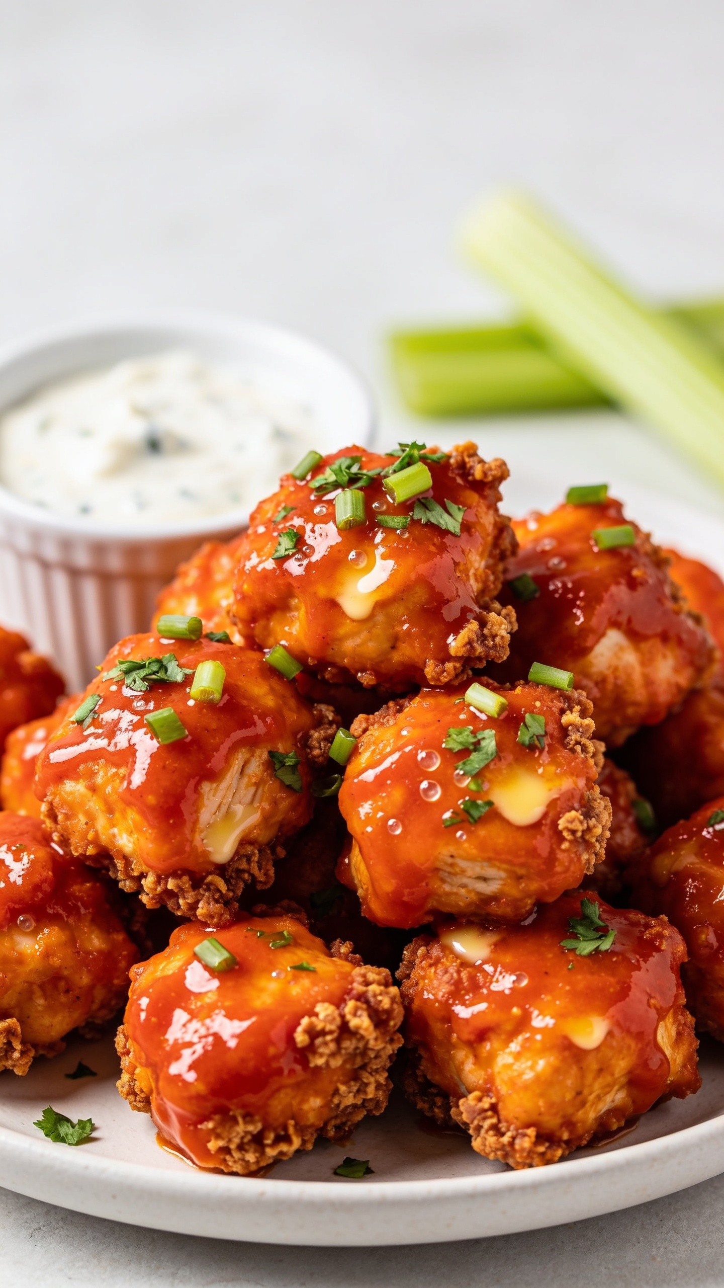 Extreme close-up hero shot of Air Fryer Buffalo Chicken Bites piled high on a matte white shallow plate, each bite-sized boneless chicken piece evenly coated in glossy, vibrant orange-red buffalo sauce with crispy, craggy edges peeking through, a light sheen of melted butter on the surface, micro-beads of sauce catching the light, garnished with finely sliced green onions and a scatter of minced parsley, with a small ramekin of creamy ranch dip tucked behind the pile slightly out of focus, a few celery sticks blurred in the background. Bright natural side lighting, shallow depth of field, clean neutral backdrop, 90â95% of frame filled with the saucy bites, premium food-blog styling emphasizing crisp texture and juicy interiors.