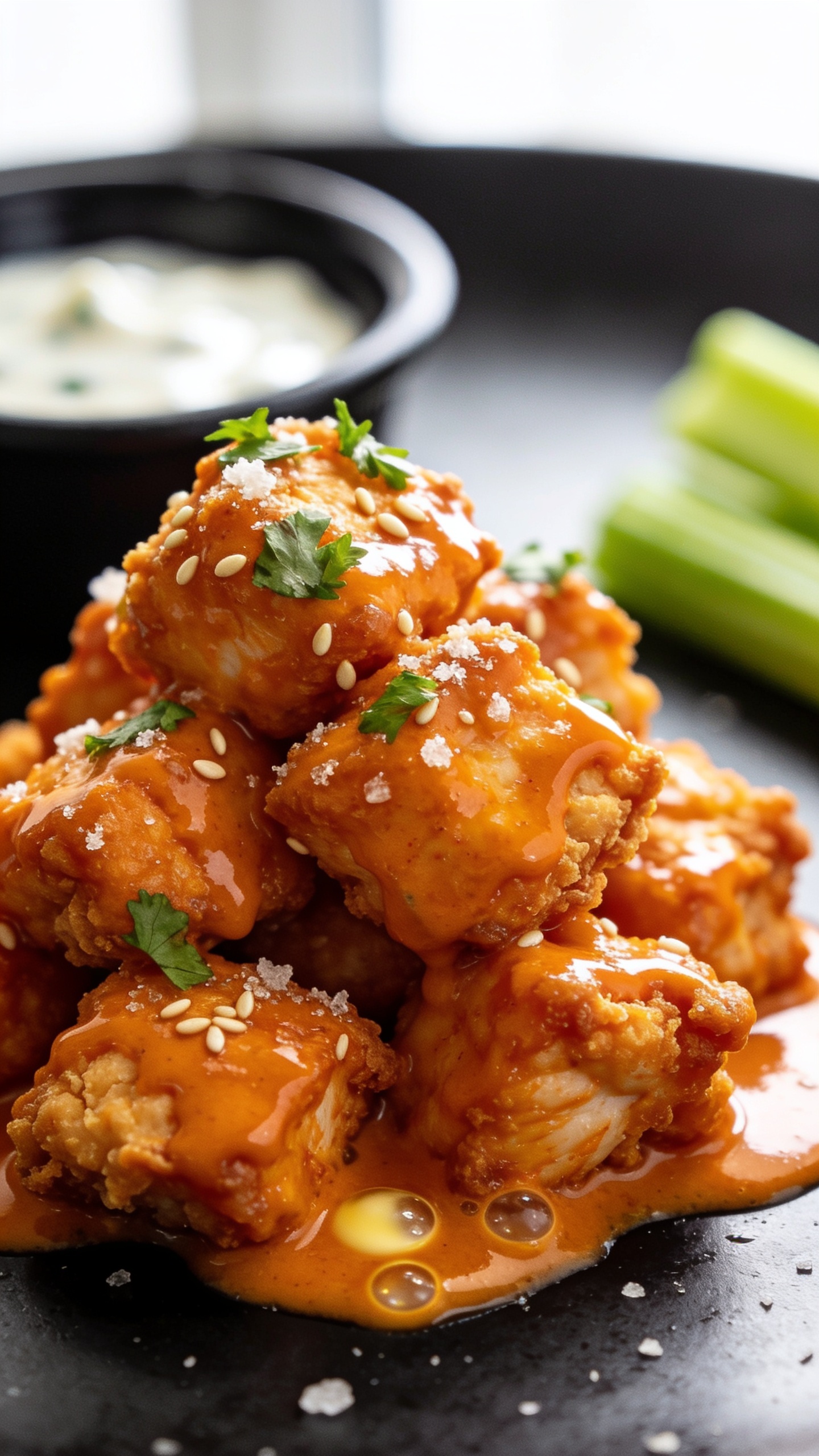 Tight macro close-up from a low 3/4 angle of a neat mound of buffalo chicken bites on a matte black plate, emphasizing contrast: crackly, crisp edges and thick, glossy buffalo glaze pooling slightly at the base, tiny bubbles of buttered sauce catching highlights. A few sesame-like flecks of coarse salt and fresh chopped parsley scattered over the top, with a swipe of ranch in a small black ramekin barely visible, out of focus at the rim. Hints of celery green blur along the edge. Bright natural window light, shallow depth of field, 90â95% frame filled with the saucy, textured chicken, rich color saturation and mouthwatering shine.