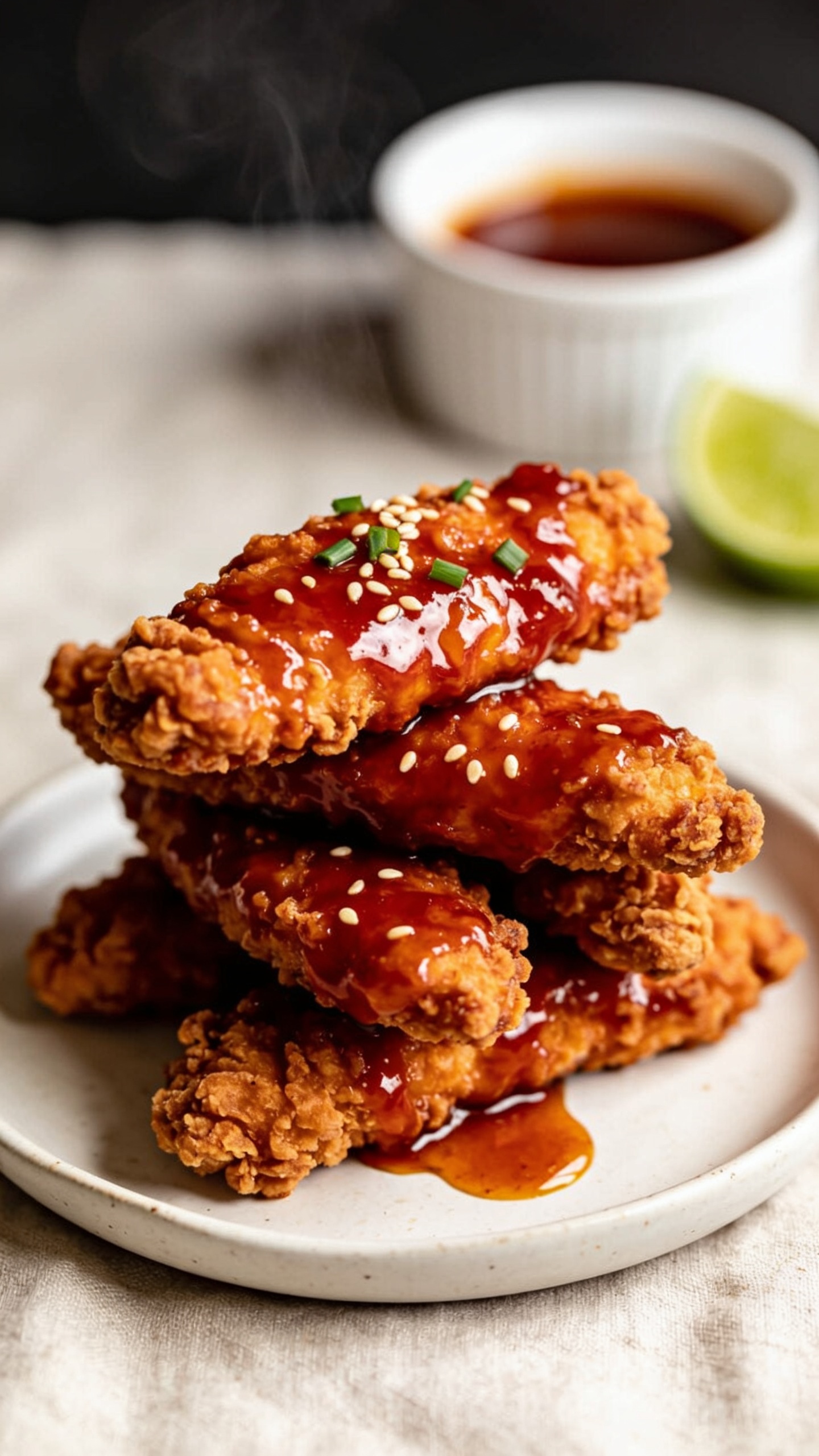 Ultra-close hero shot of Air Fryer Hot Honey Chicken tenders stacked on a small white ceramic plate, 90–95% frame filled with food. Extra-crispy, craggy breading glistening under a thick, glossy hot honey glaze that clings to every ridge, with a few sesame seeds and finely chopped chives scattered on top. A small pool of sticky glaze gathers at the plate’s edge, reflecting light. Serve with a lime wedge and a tiny ramekin of extra hot honey just out of focus in the background. Bright natural side lighting, shallow depth of field, soft linen background in warm neutrals, premium food-blog styling—vibrant amber reds and golden browns, visible steam subtly rising.