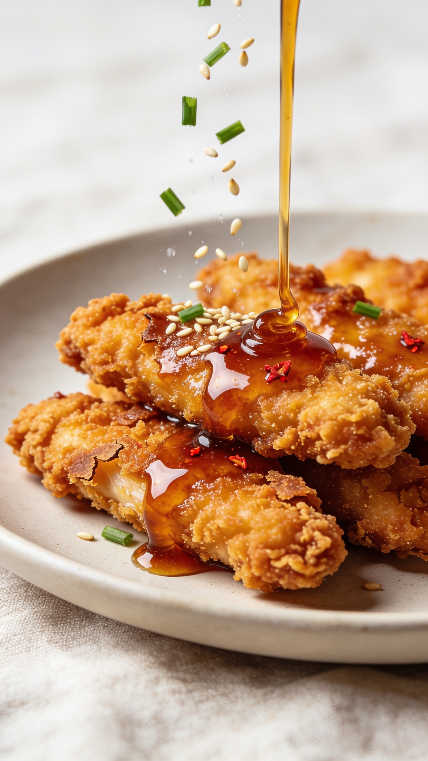 Macro close-up from a 45-degree angle of the same plated hot honey chicken tenders, emphasizing shatter-crisp breading and lacquered glaze pooling in the crags. A fresh final drizzle of hot honey streams from just out of frame, forming glossy beads across the top tender, with tiny red chili flakes visible in the honey. Finely chopped chives and a light sprinkle of toasted sesame seeds fall gently onto the chicken, frozen mid-air. Bright daylight, shallow depth of field, neutral matte plate and soft linen backdrop, vibrant golden-brown crusts and deep amber glaze, food filling 90–95% of the frame.