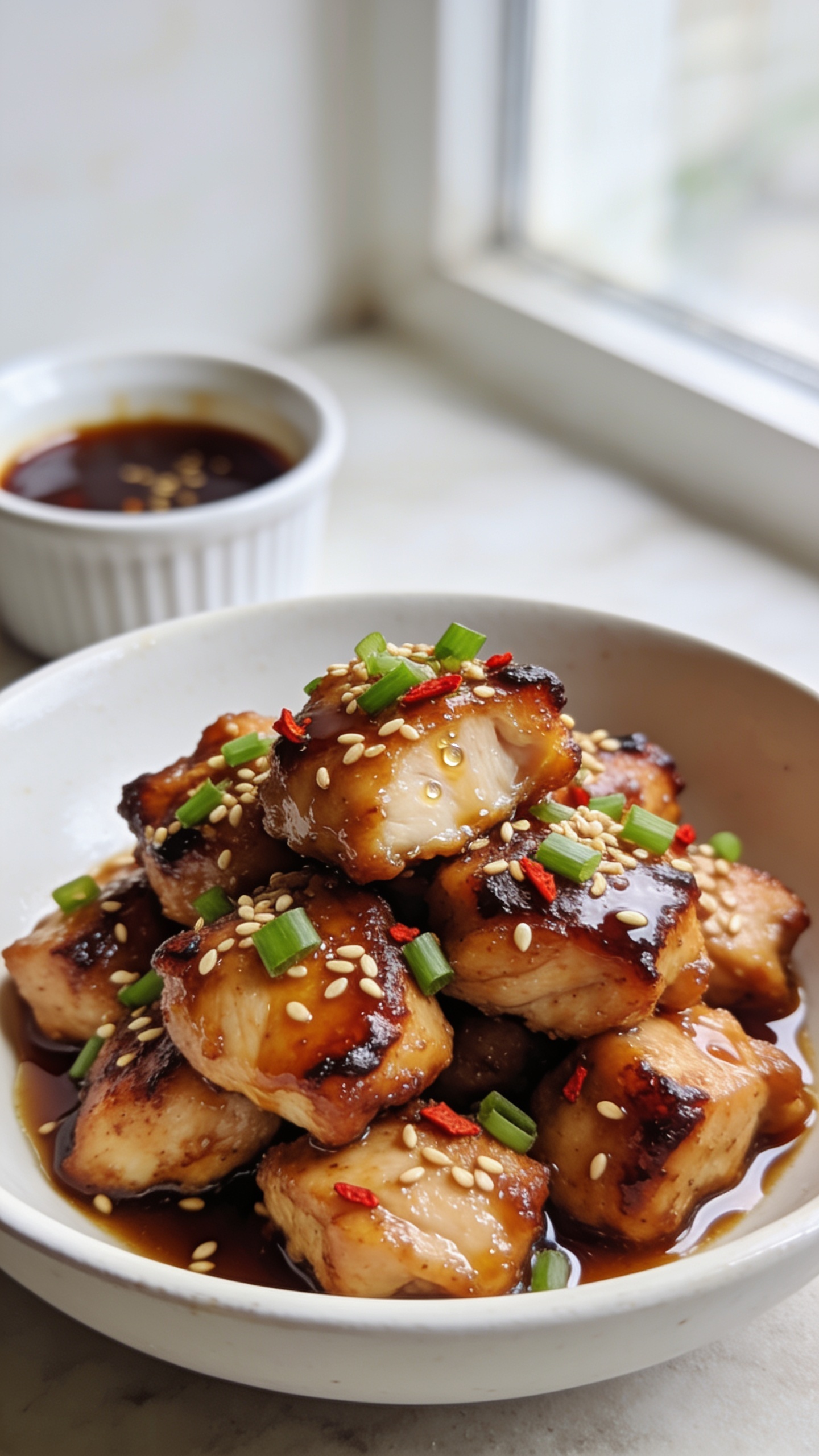Ultra-close hero shot of air fryer honey garlic chicken made with boneless, skinless thigh bites, piled high in a shallow white ceramic bowl, 90â95% frame filled with glossy, sticky chicken pieces. Each bite has mahogany, caramelized edges with a lacquered honey-garlic-soy glaze, tiny bubbles catching the light. Garnished with a generous scatter of toasted sesame seeds and finely sliced green onions, with a few red chili flakes for heat. A light drizzle of extra glaze pools around the bites, highlighting crispy edges and juicy interiors. Shot in bright natural window light, shallow depth of field, soft neutral background blur, premium food-blog styling with a small ramekin of extra glaze just out of focus behind the bowl to match the same finished recipe.