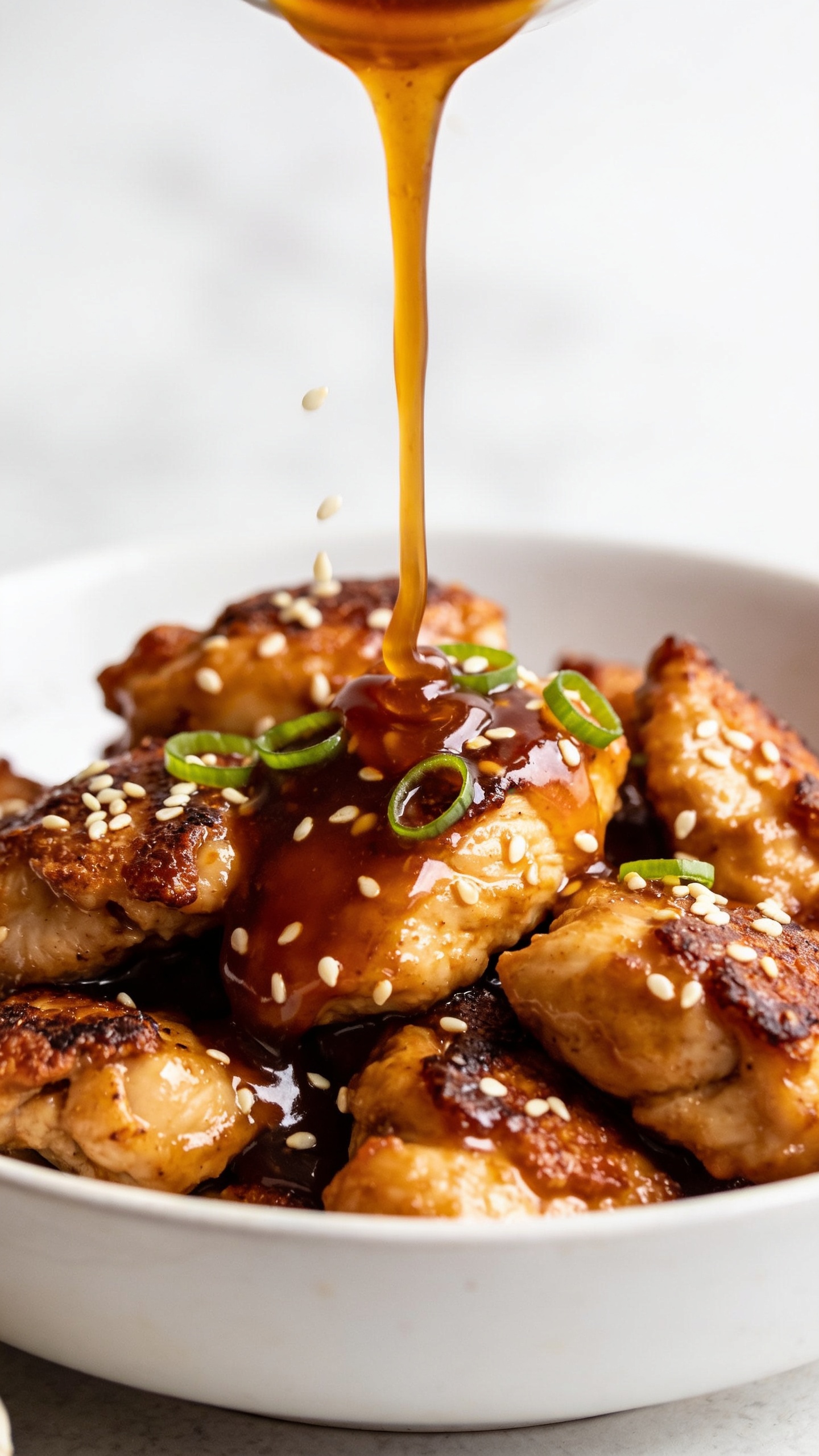 Extreme close-up from a low angle across the surface of the same finished honey garlic chicken in the white bowl, emphasizing sticky sheen, crispy browned edges, and plump, juicy texture. A slow ribbon of extra warm honey-garlic glaze is being poured over the top, caught mid-stream as it cascades and pools between pieces, highlighting the lacquered finish. Freshly sprinkled sesame seeds and thin green onion rounds rest on the glaze, with a few seeds mid-fall frozen in the air. Bright natural light, shallow depth of field, neutral background blur, 90â95% frame filled with the chicken, consistent styling and appearance with the other images.