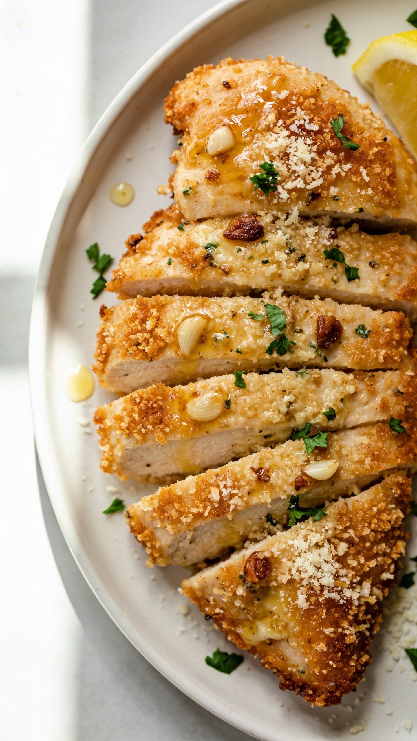 Ultra-close hero shot of Air Fryer Garlic Parmesan Chicken: golden-brown, bone-less chicken thighs sliced and fanned on a shallow white ceramic plate, crust visibly crisp with toasted panko, finely grated Parmesan melted into the crust, tiny browned garlic bits and flecks of Italian herbs embedded, glossy garlic-butter sheen, sprinkled with fresh chopped parsley and a light dusting of extra-fine Parmesan; a lemon wedge off to the side with a few droplets on the chicken; bright natural window light from the left, shallow depth of field, creamy bokeh, food filling 90–95% of frame, premium food-blog styling on a light neutral background.