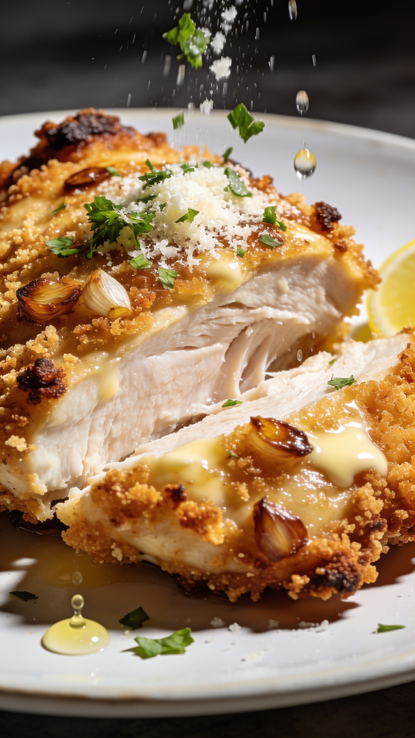 Extreme close-up angle from the side of the plated chicken showing texture: crunchy, craggy crust with browned panko edges, caramelized garlic specks, glossy buttered surface, and a cross-section revealing ultra-juicy white meat; light shower of freshly grated Parmesan and chopped parsley falling onto the chicken frozen mid-drop; a few lemon droplets catching the light; bright natural light, shallow depth of field, high contrast on crispy edges, food filling 90–95% of frame, same plate and styling as image 1 for continuity.
