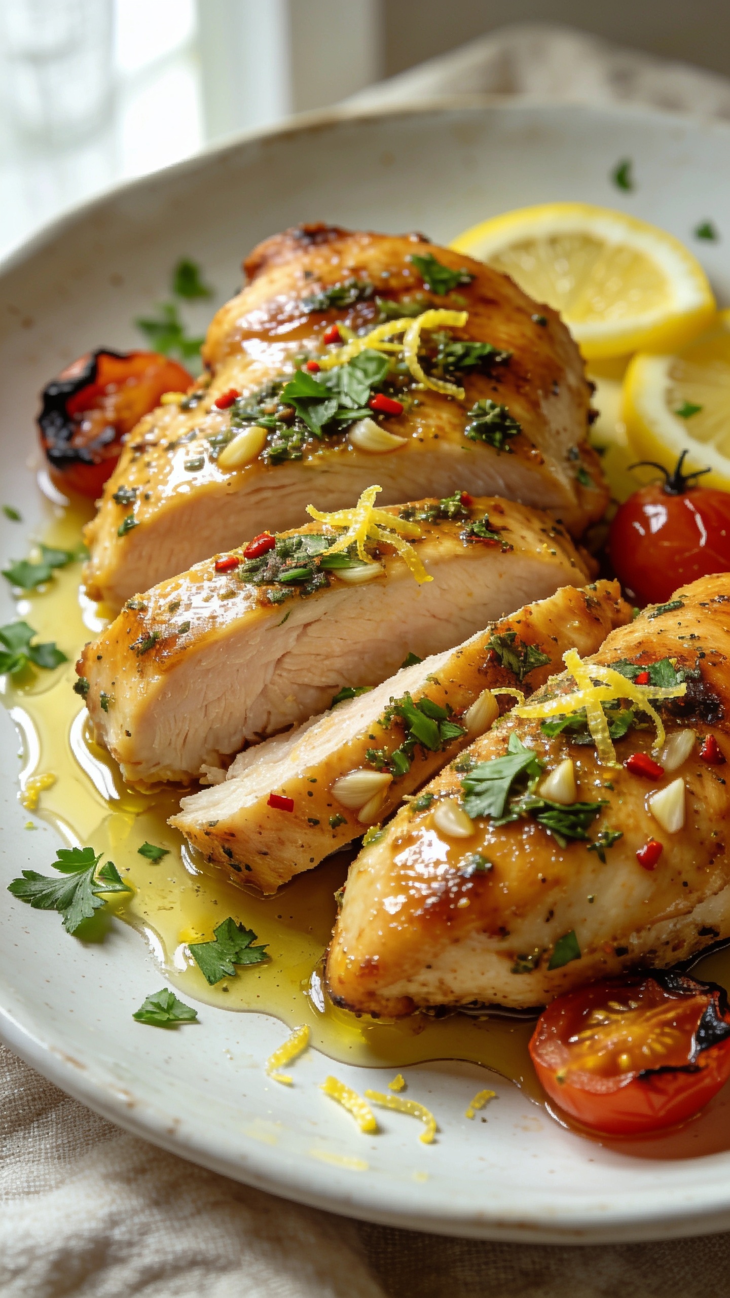 Ultra-close-up hero shot of Air Fryer Italian Chicken: golden-brown boneless chicken thighs sliced to reveal ultra-juicy, glistening interior, coated in a glossy garlic-herb Italian seasoning crust with visible flecks of oregano, basil, and red pepper flakes; a light sheen of olive oil and pan juices pooling on a white ceramic plate, scattered with freshly chopped parsley and microplaned lemon zest; a few thin lemon wedges and charred cherry tomatoes tucked around the chicken for color; bright natural window light from the left, soft shadows, shallow depth of field, bokeh background with neutral linen; food fills 90–95% of the frame, premium food-blog styling, crisp edges and moist texture emphasized.