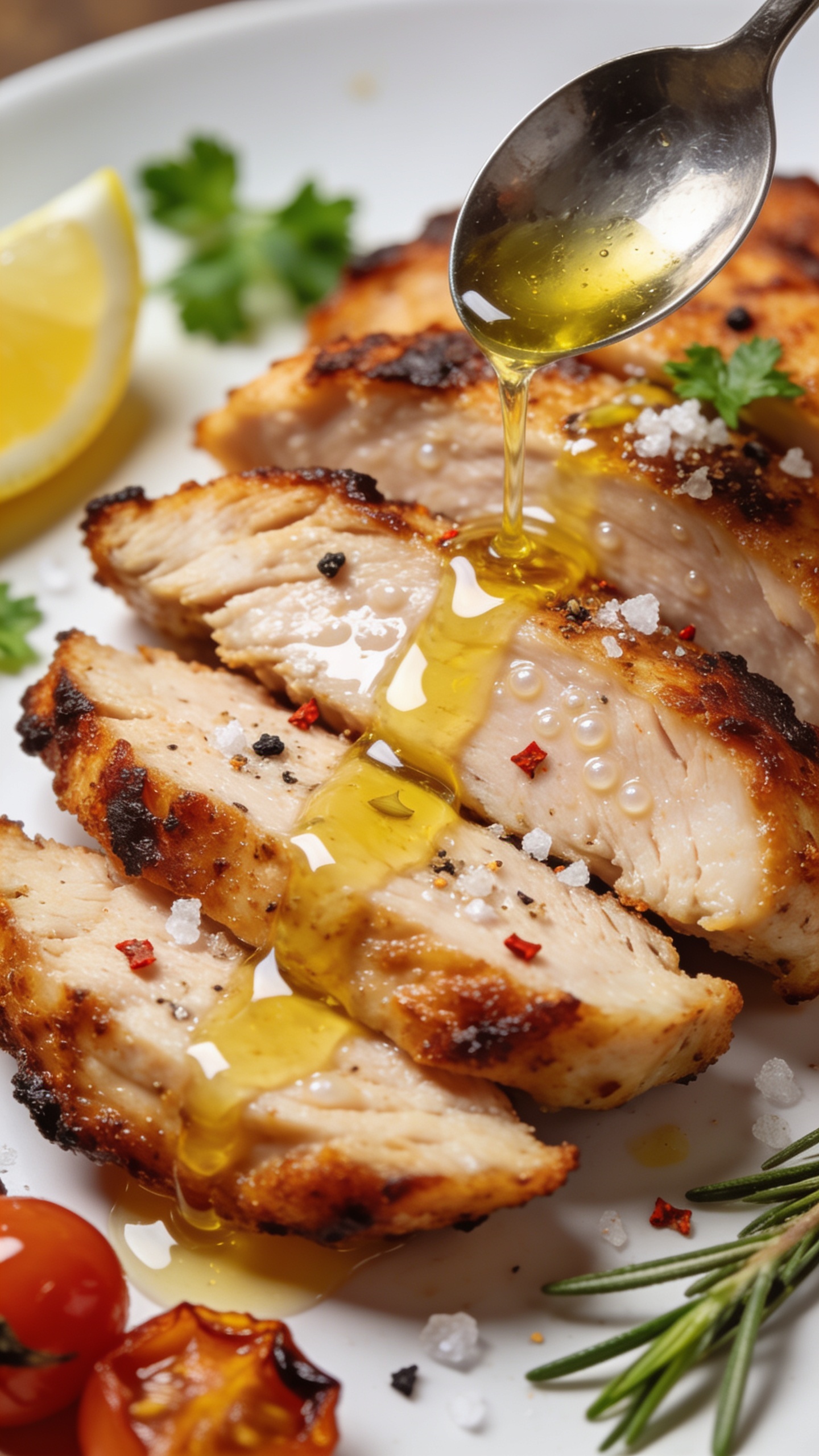 Extreme close-up angle focusing on texture: overlapping slices of the same air-fried Italian chicken arranged on a warm white plate, edges deeply caramelized and crisp, interior visibly juicy with pearled moisture; a spoon-drizzled ribbon of glossy garlic-lemon olive oil snaking across the slices, catching highlights; scattered coarse sea salt, cracked black pepper, and red pepper flake sparkle; fresh parsley and a hint of rosemary needles for aroma; a blurred wedge of lemon and a few blistered cherry tomatoes at the edge; bright natural light, shallow depth of field, tight crop with food taking 90–95% of the frame, rich textures and vibrant colors.