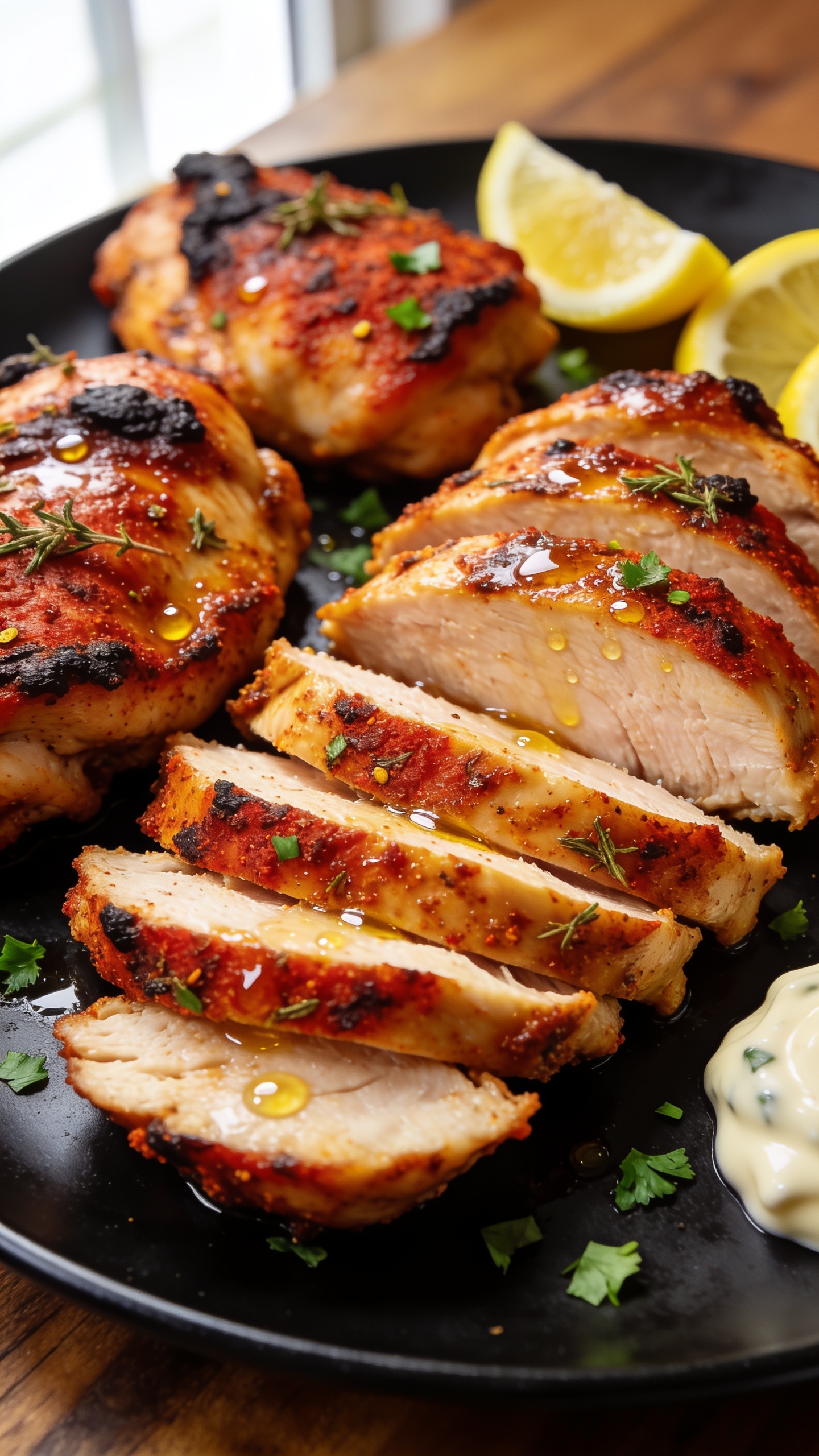 Ultra-close-up hero of Air Fryer Cajun Chicken: thick, juicy boneless chicken thighs sliced and fanned on a matte black plate, surfaces lacquered with a light gloss of Cajun-spiced oil, deep paprika-red crust with charred, crispy edges and visible specks of thyme and oregano, a few lemon wedges and a scatter of finely chopped parsley for freshness, tiny beads of juice glistening on the cut face showing perfectly moist interior, served with a small side of creamy aioli in the corner, bright natural window light from the left, shallow depth of field, minimal props, warm wood surface, rich contrast and vibrant color, 90â95% of frame filled with the chicken.
