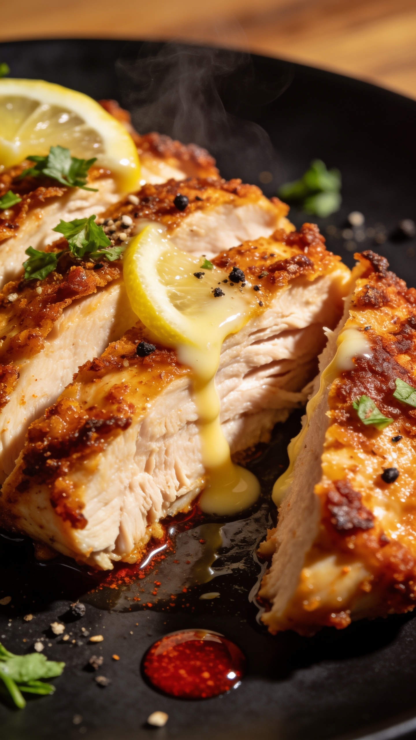 Extreme close-up angle on the sliced Cajun chicken, focusing on texture: crisp, crackly edges with caramelized spice blend, moist, tender interior fibers visible where a slice was cut, a light drizzle of melted butter and lemon dripping along the ridges, tiny paprika-red oil droplets pooling on the plate, finishing sprinkle of chopped parsley and coarse black pepper, subtle steam, bright side lighting for specular highlights, shallow depth of field, cohesive styling with matte black plate and warm wood, 90â95% of frame dominated by the chicken.