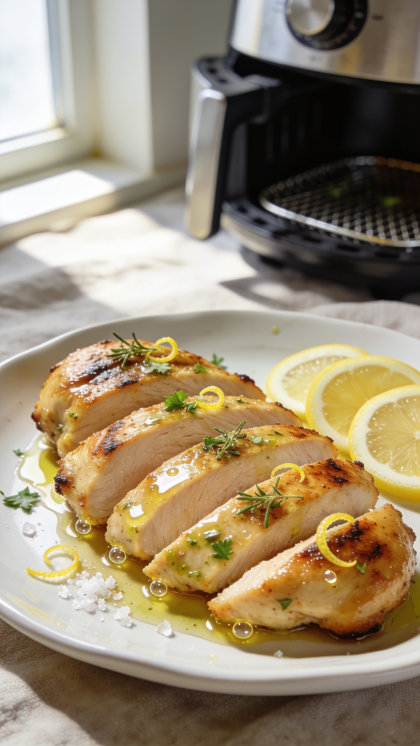 Extreme close-up hero shot of Air Fryer Lemon Herb Chicken: golden, lightly charred boneless chicken thighs sliced and fanned on a white ceramic plate, glistening with a thin glossy lemon-garlic olive oil sheen, speckled with finely chopped parsley and thyme, tiny lemon zest curls visible on the surface, micro-beads of juice at the sliced edges, a few thin half-moon lemon slices tucked to the side, and coarse sea salt flakes catching the light; shallow depth of field, bright natural window light from the left, soft shadows, neutral linen backdrop and blurred air fryer basket in the far background; 90â95% frame filled with food, crisp edges and juicy interior emphasized, premium food-blog styling, no text.