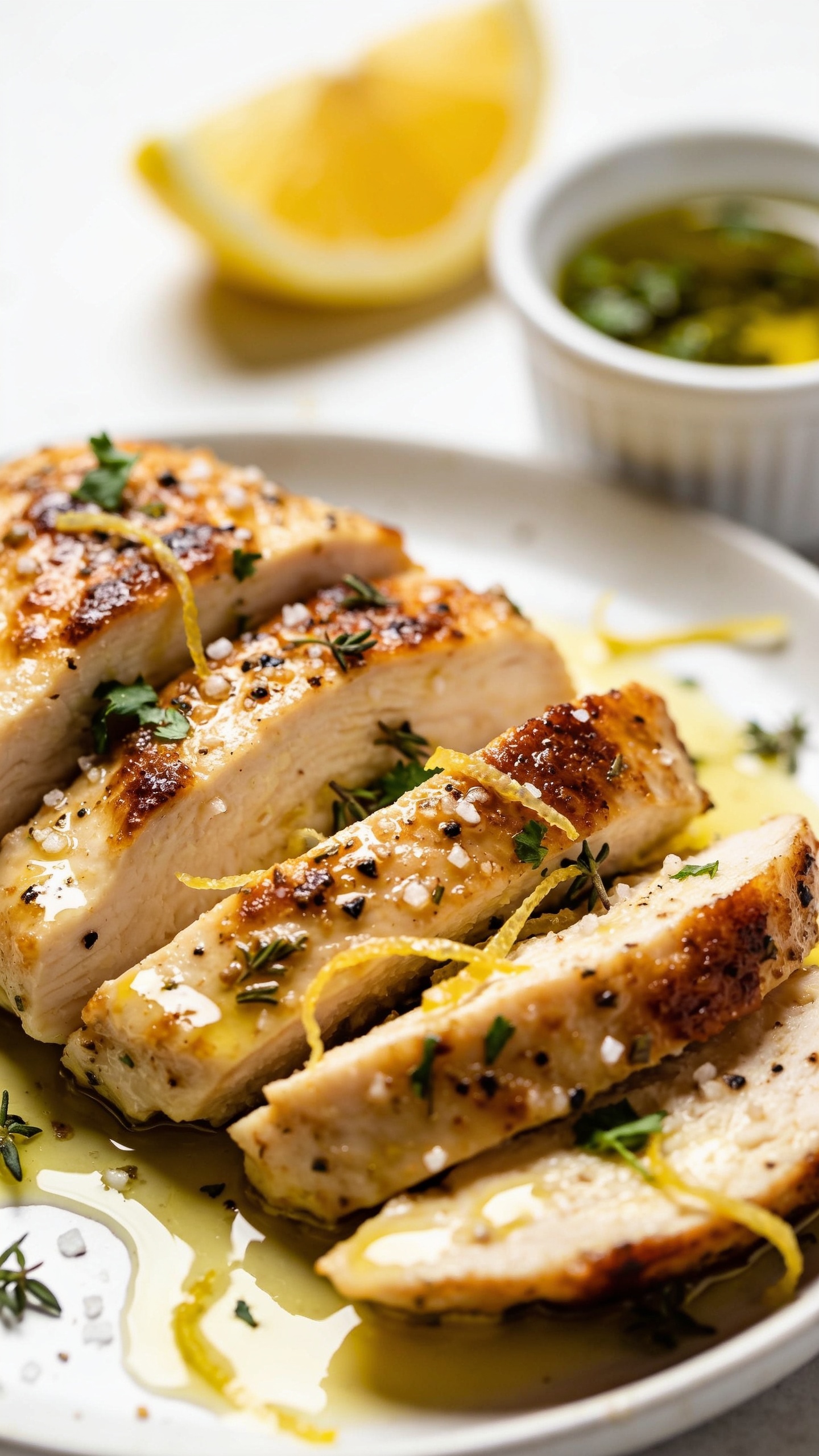 Ultra-close macro angle focusing on texture: the same finished Air Fryer Lemon Herb Chicken sliced and stacked slightly overlapping, glossy lemon-garlic olive oil pooling lightly in plate crevices, crispy caramelized edges, visible black pepper and sea salt crystals, flecks of fresh parsley and thyme, ultra-fine lemon zest threads scattered; a soft-focus lemon wedge and a tiny ramekin of herb-infused olive oil in the background; bright natural side light, shallow depth of field with bokeh, 90â95% frame filled with food, rich color and juicy sheen, cohesive with the other images, no text.