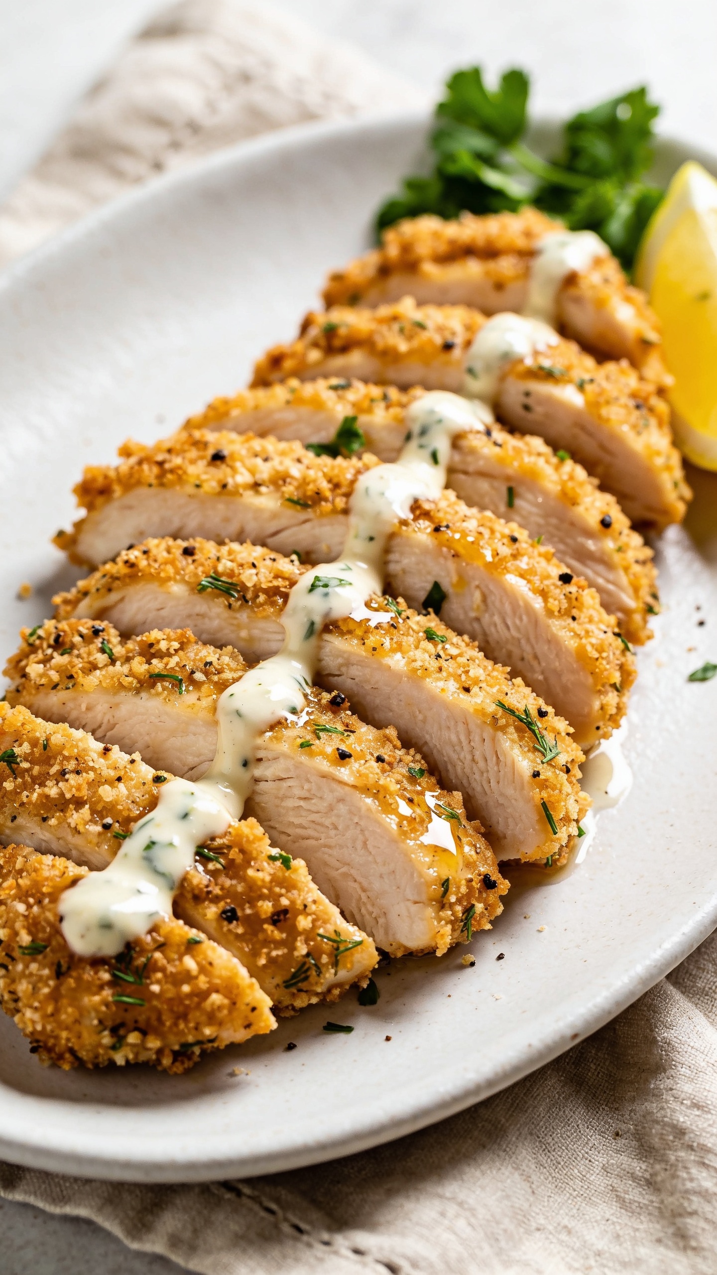 Ultra-close hero shot of Air Fryer Ranch Chicken: boneless, skinless chicken breasts sliced and fanned on a matte white plate, each piece coated in a golden, ultra-crispy ranch-seasoned crust with visible flecks of dill, parsley, and cracked black pepper. Juices glisten along the sliced edges, a light ranch drizzle streaks across the top, and a few fresh parsley leaves and lemon wedges sit at the edge of the plate. Background is a soft, airy kitchen scene with bright natural side light, shallow depth of field, and a neutral linen napkin; food fills 90–95% of frame, textures sharp and inviting, no hands, no text.