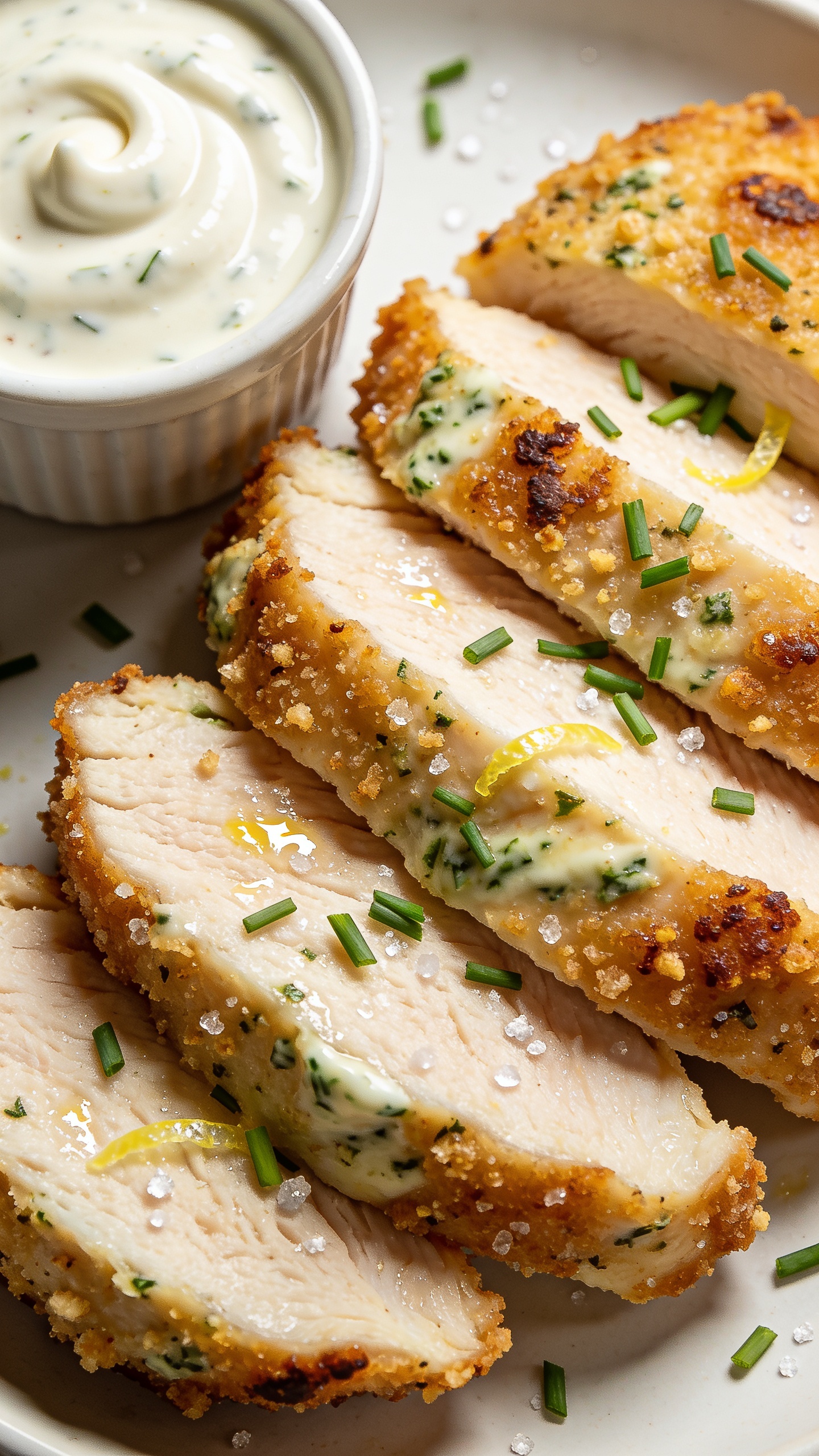 Tight macro angle from slightly overhead of the same plated Air Fryer Ranch Chicken: thick slices overlapped, crust crackling with ranch herb specks and tiny blistered crumbs, faint sheen of oil, and tiny salt crystals visible. A small ramekin of ranch on the plate corner with a delicate swirl on top, micro-chopped chives scattered over the chicken, and a glint of lemon zest. Bright natural light, shallow depth of field isolating the juicy sliced centers and crispy edges; food occupies 90–95% of frame, cohesive styling matching the first two images, no people.