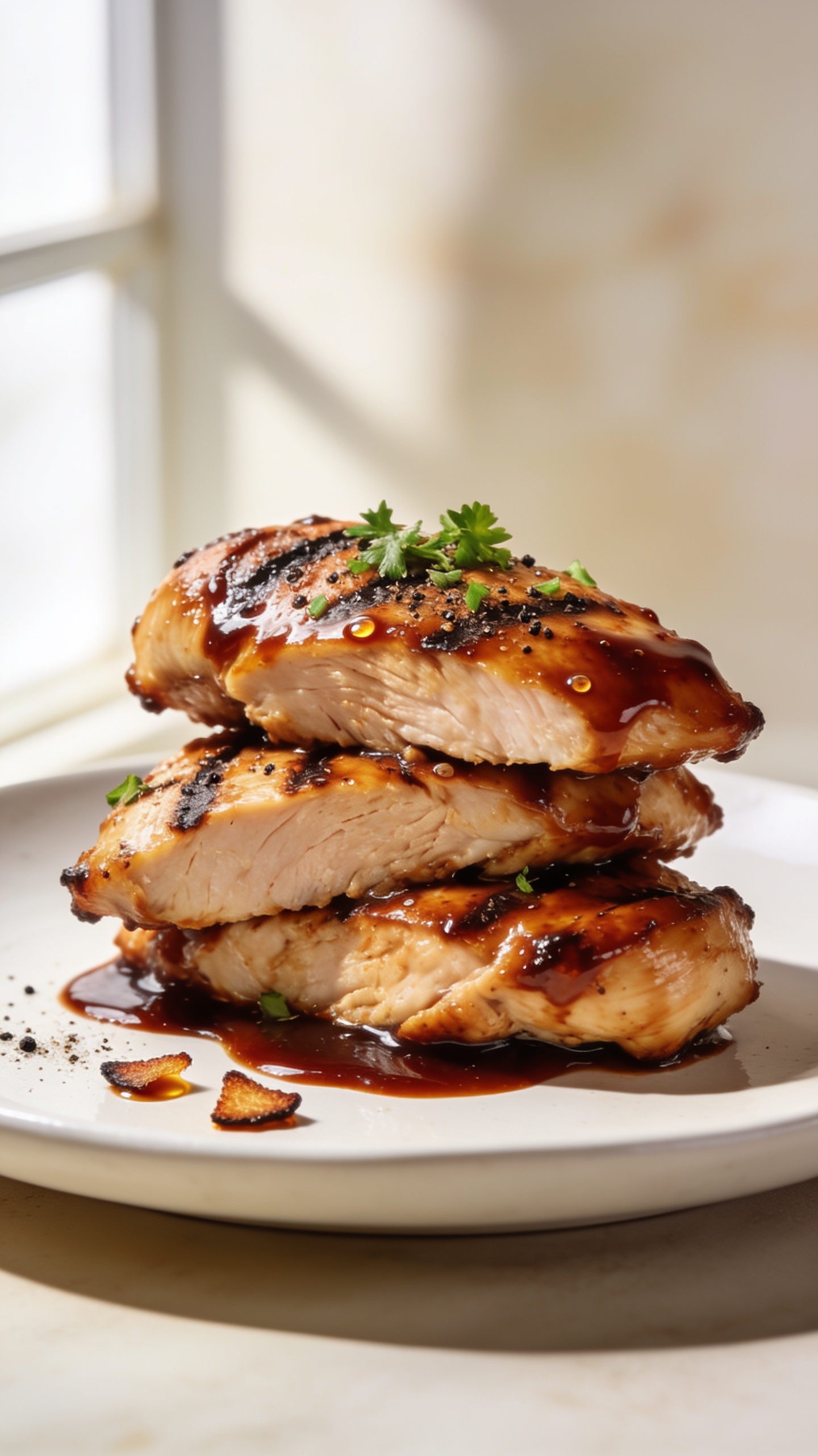 Ultra-close hero shot of air fryer BBQ chicken: glossy, lacquered pieces of boneless skinless chicken thighs sliced into thick, juicy chunks, stacked on a matte white shallow plate with a light char and caramelized edges, brushed with a deep mahogany barbecue sauce that clings and shines, tiny bubbles of glaze set on the surface, a few grill-like sear marks from caramelization, garnished with finely chopped fresh parsley and a sprinkle of coarse black pepper. A small puddle of extra sauce glistens at the base, with a couple of crisp-edged sauce-dripped bits nearby. Bright natural window light from the left, soft shadows, shallow depth of field with background falling into a creamy blur, 90â95% of the frame filled with the chicken, no text, no hands, premium food-blog styling.