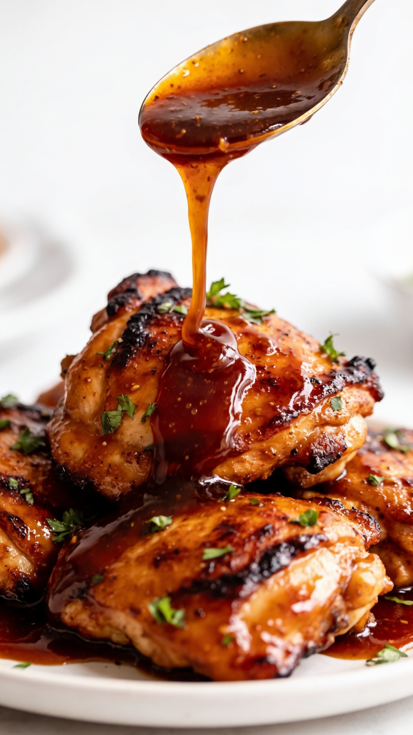 Tight macro angle from three-quarters side: a mound of the same air fryer BBQ chicken thighs on the white plate as a warm spoonful of extra barbecue glaze is being poured over the top, mid-stream, forming a glossy ribbon that cascades and pools around crisp, charred edges. The sauce is thick and shiny with micro-bubbles, the chicken appears ultra-juicy with slight sear marks, fresh parsley sprinkled lightly across. Bright natural backlight enhances shine, shallow depth of field isolates the pour and textures, 90â95% of the frame filled with the saucy chicken, clean minimal background blur, no text or people.