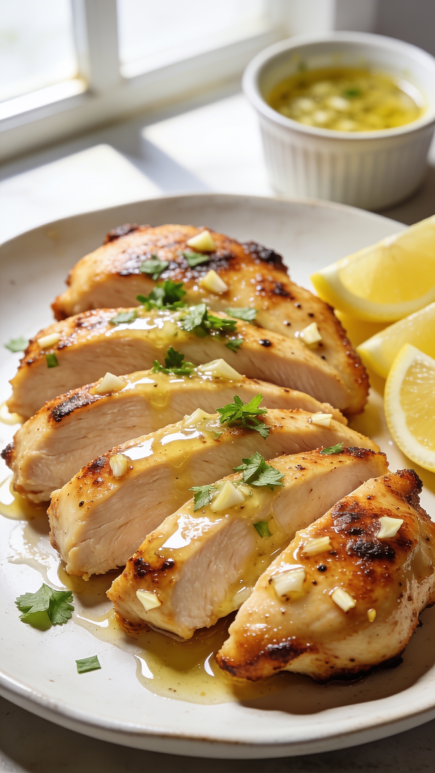 Ultra-close hero shot of air fryer garlic butter chicken thighs sliced and fanned on a shallow white ceramic plate, glistening with melted garlic butter and browned, crispy edges; visible chopped fresh parsley sprinkled on top, a few lemon wedges tucked to the side, and a small ramekin of extra garlic butter in the background blur. Rich golden-brown crust with visible seared spots and tiny garlic bits, juices pooling subtly on the plate. Bright natural window light from the left, soft shadows, shallow depth of field, premium food-blog styling. Food fills 90–95% of frame; no text.