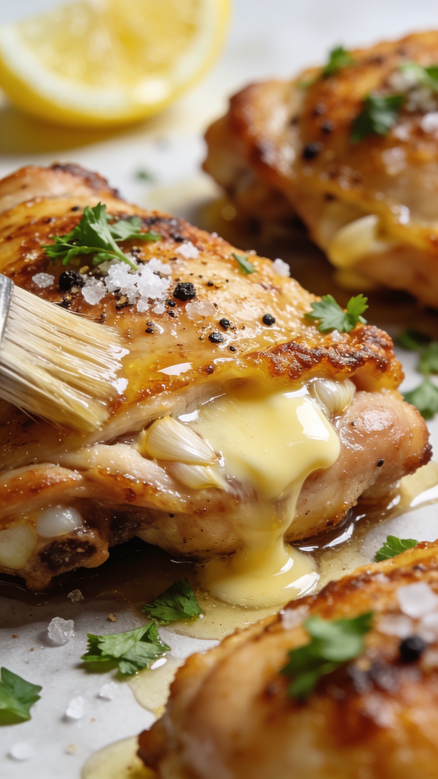 Extreme macro close-up from a low three-quarter angle of the same finished chicken thighs, emphasizing crackly, golden edges, glossy garlic butter pooling in the crevices, coarse salt crystals and black pepper specks, and fresh parsley scattered across. A light brush of butter just applied gives a wet sheen; a blurred lemon wedge catches light in the background. Bright natural lighting, shallow depth of field, rich textures, premium food-blog look. Food fills 90–95% of frame; no text.