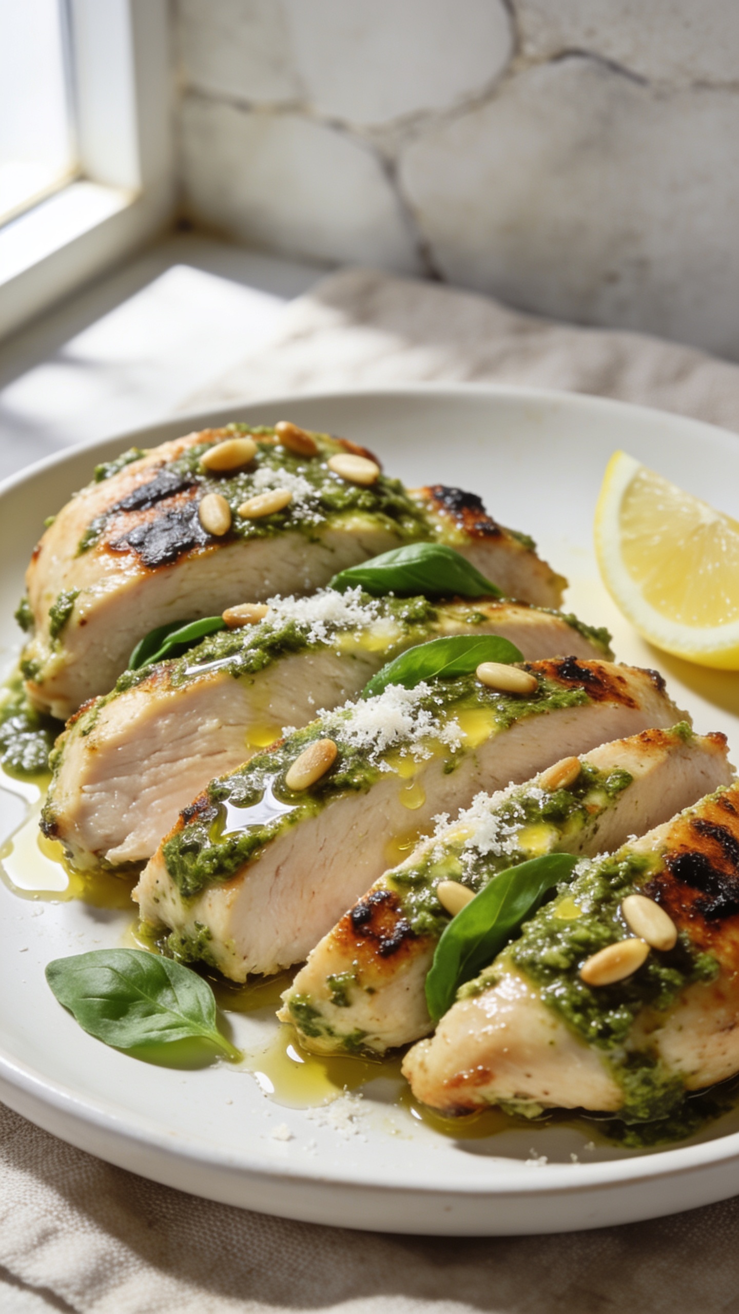 Extreme close-up hero shot of Air Fryer Pesto Chicken: thick, juicy chicken thighs sliced and fanned on a shallow white ceramic plate, each piece coated in glossy basil pesto with caramelized, lightly blistered edges and a few toasted pine nuts clinging to the sauce; tiny pools of olive oil sheen catching the light; a light snow of finely grated Parmesan melting into the pesto; a few fresh basil leaves tucked between slices; served with a small side of lemon wedges slightly out of focus. Bright natural window light from the left, soft shadows, shallow depth of field, 90–95% of frame filled with the plated chicken, premium food-blog styling on a neutral linen with a pale stone backdrop.